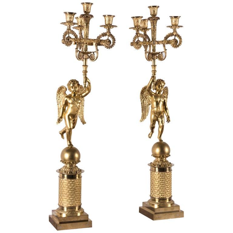 19th Century French Pair of Empire Candelabra Gilded Flambeaux with Putti In Good Condition For Sale In Milan, IT