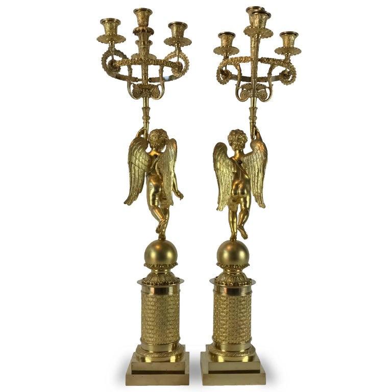 19th Century French Pair of Empire Candelabra Gilded Flambeaux with Putti For Sale 2