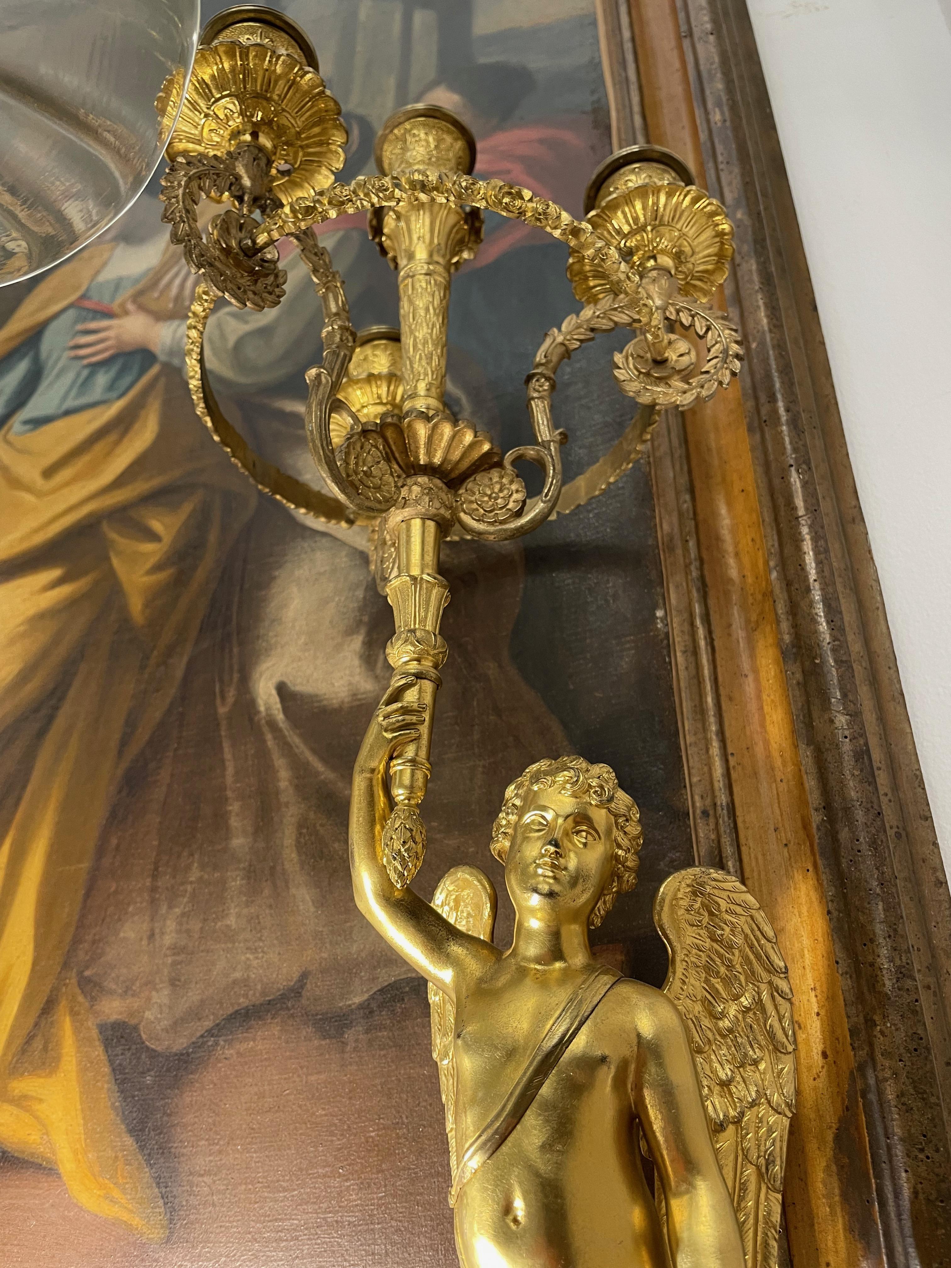 19th Century French Pair of Empire Candelabra Gilded Flambeaux with Putti For Sale 3
