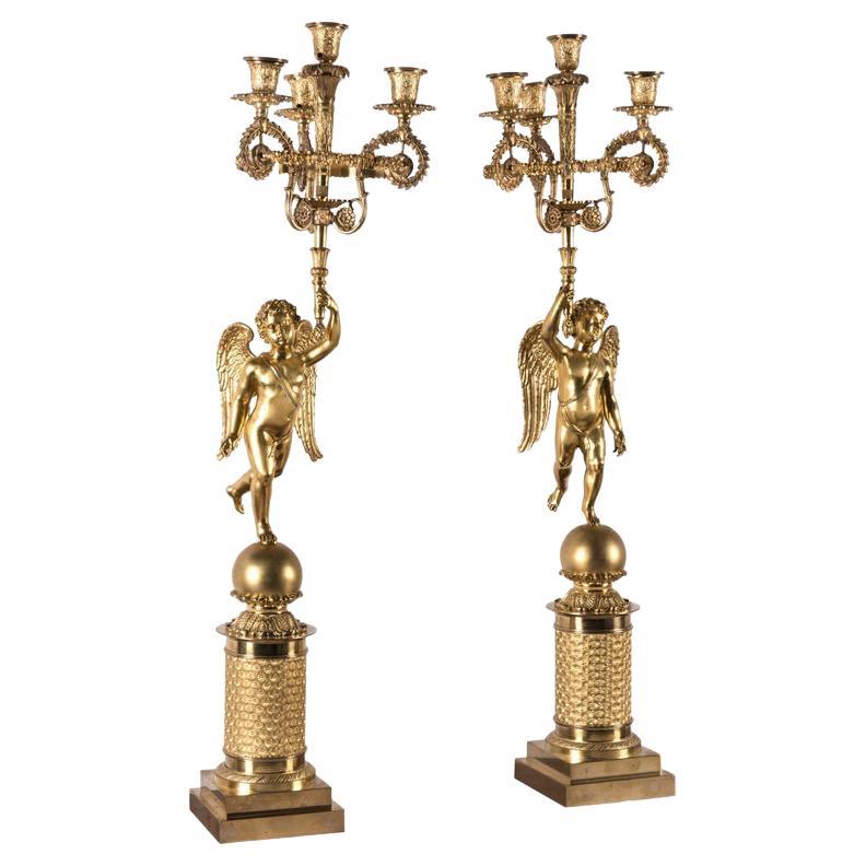 19th Century French Pair of Empire Candelabra Gilded Flambeaux with Putti For Sale