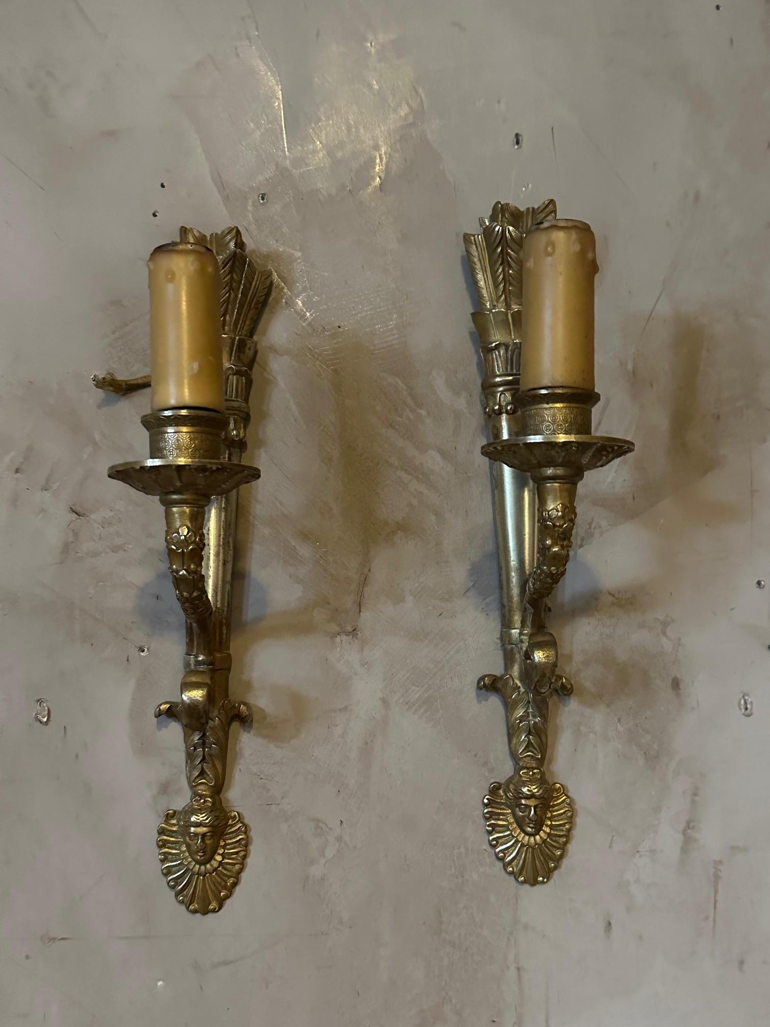 19th century French Pair of Empire Period Gilded Bronze Sconces In Good Condition For Sale In LEGNY, FR