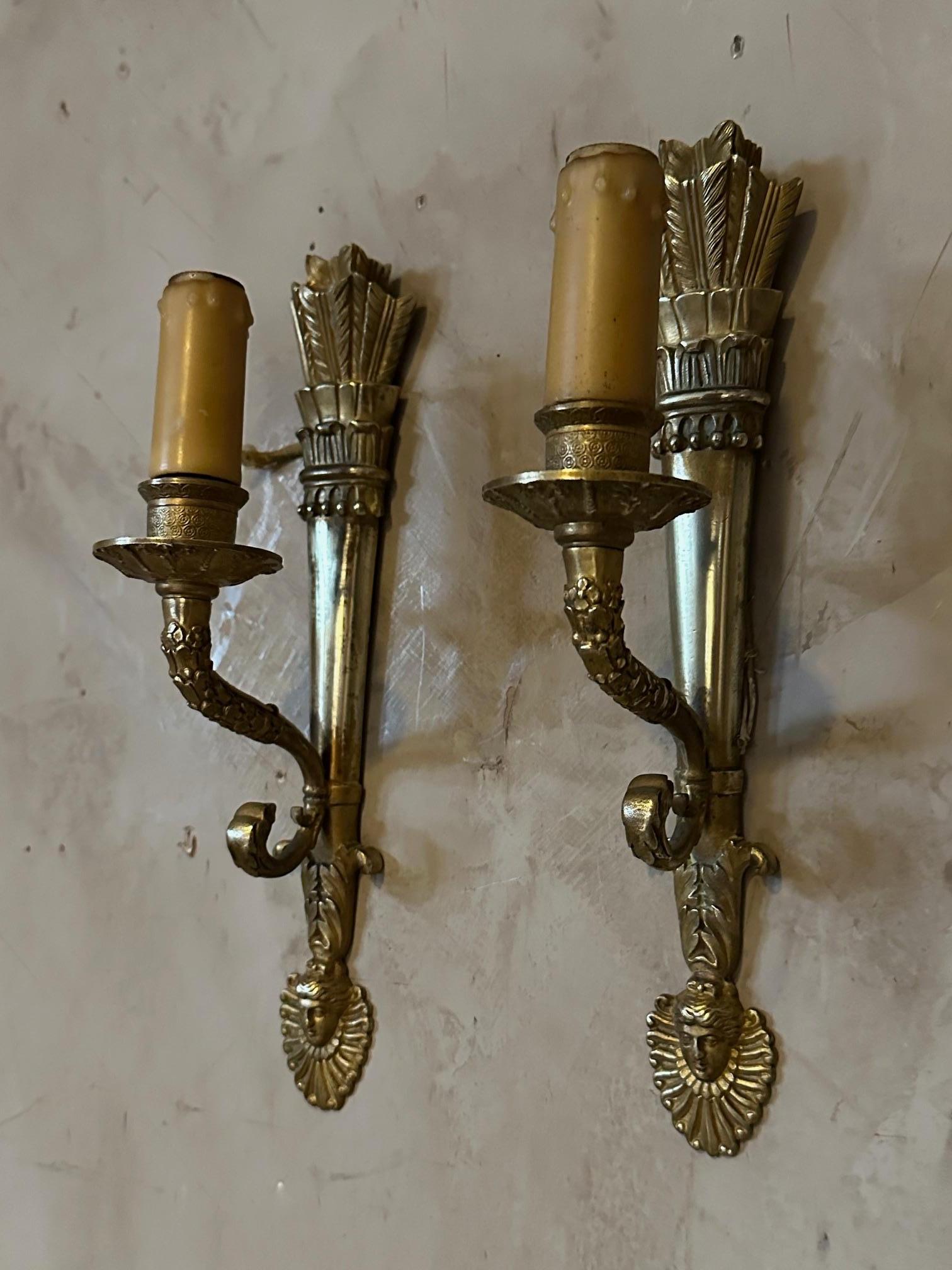 19th century French Pair of Empire Period Gilded Bronze Sconces For Sale 2