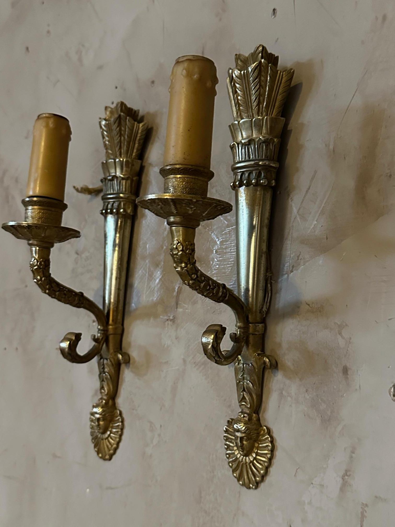 19th century French Pair of Empire Period Gilded Bronze Sconces For Sale 3