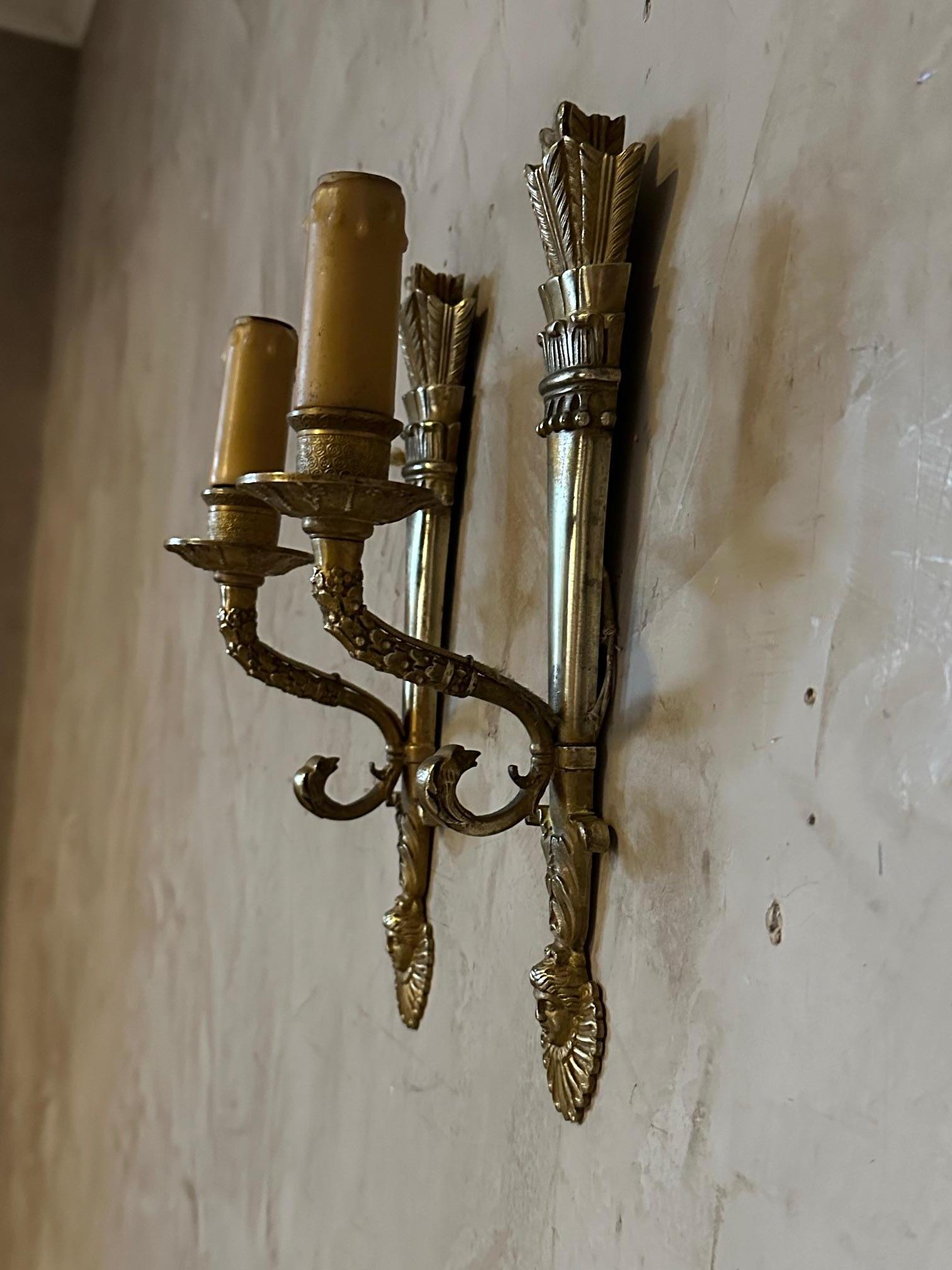 19th century French Pair of Empire Period Gilded Bronze Sconces For Sale 4