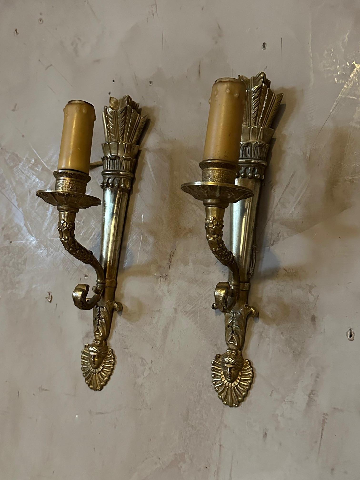 19th century French Pair of Empire Period Gilded Bronze Sconces For Sale 5
