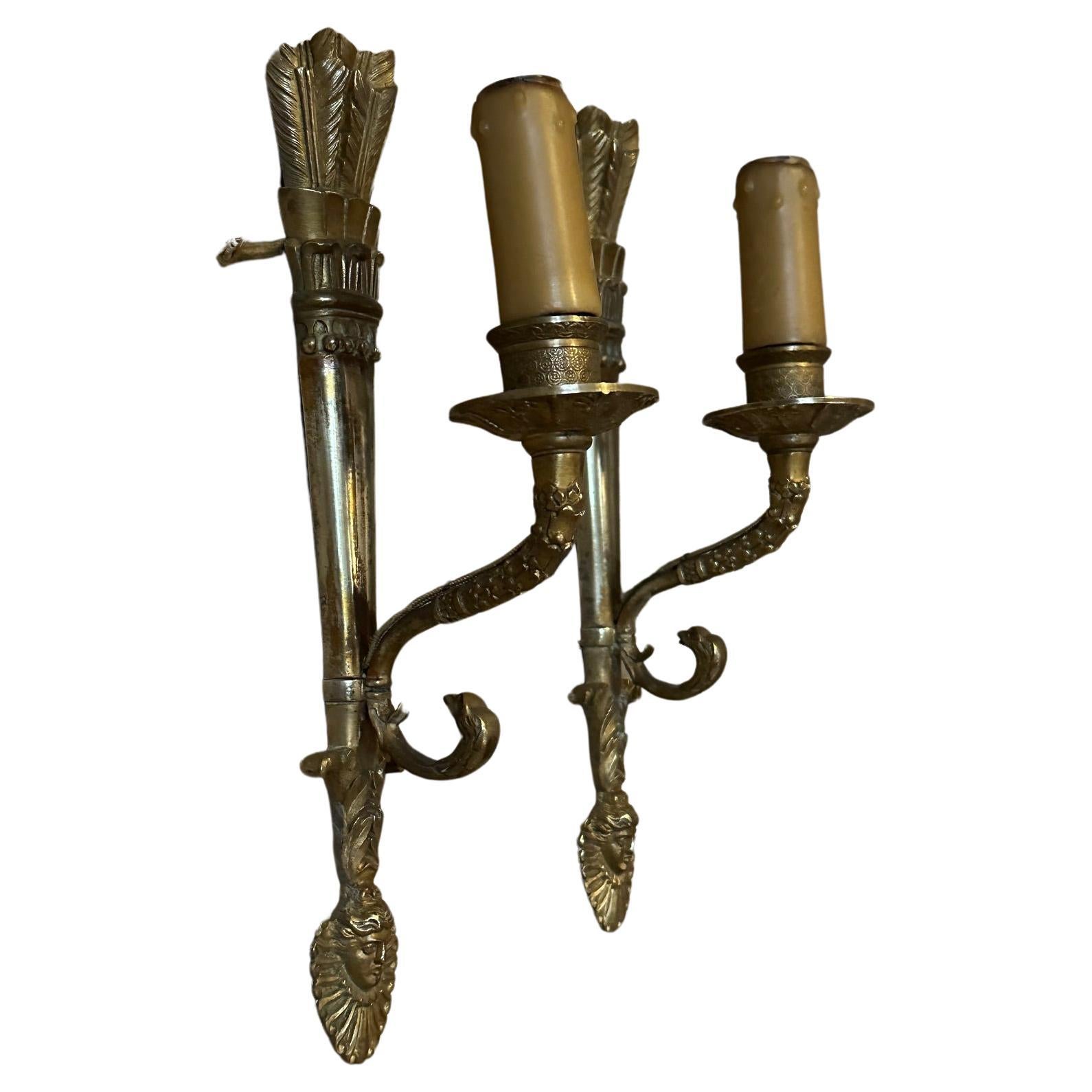 19th century French Pair of Empire Period Gilded Bronze Sconces For Sale