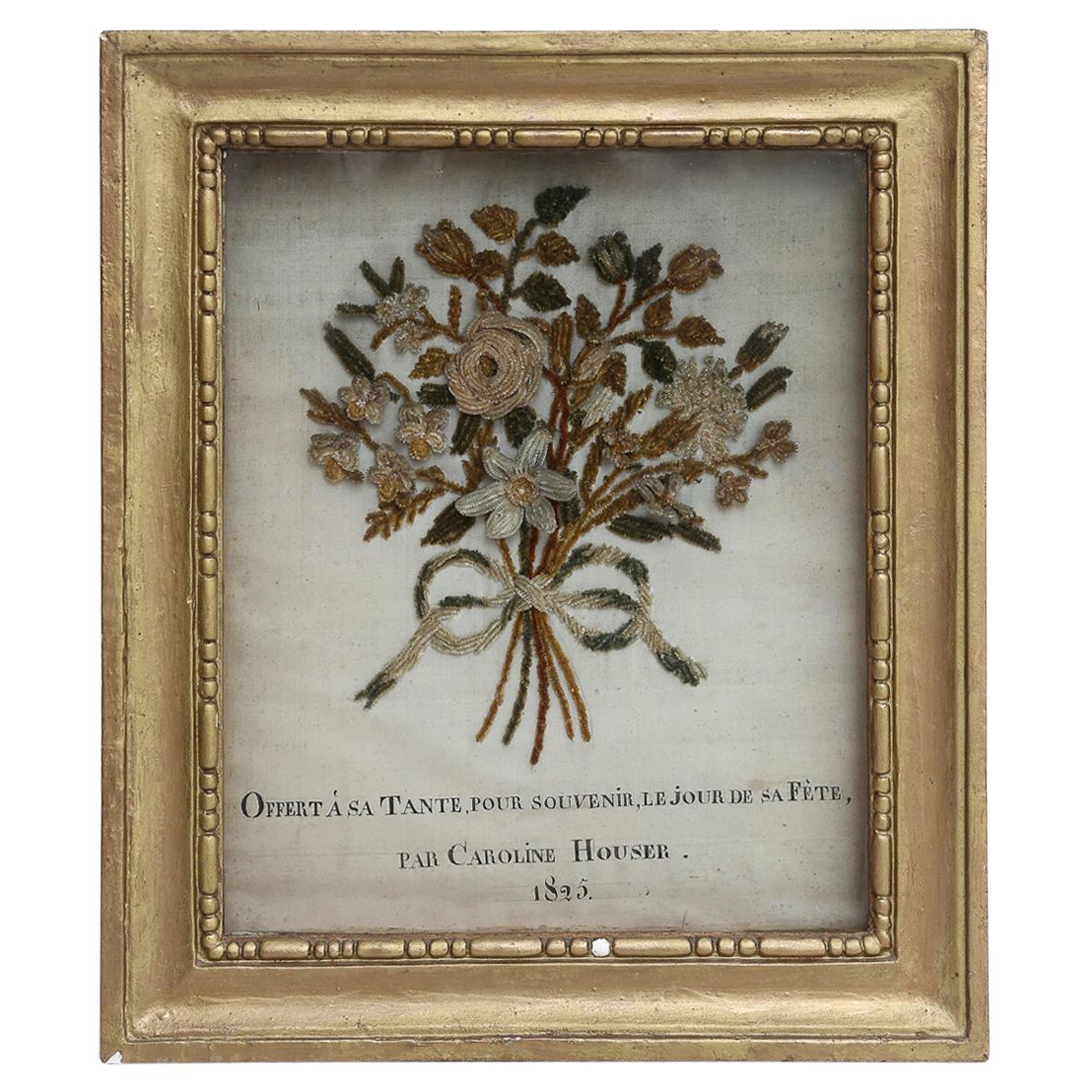 19th Century French Pair of Framed Antique Velvet Bouquets