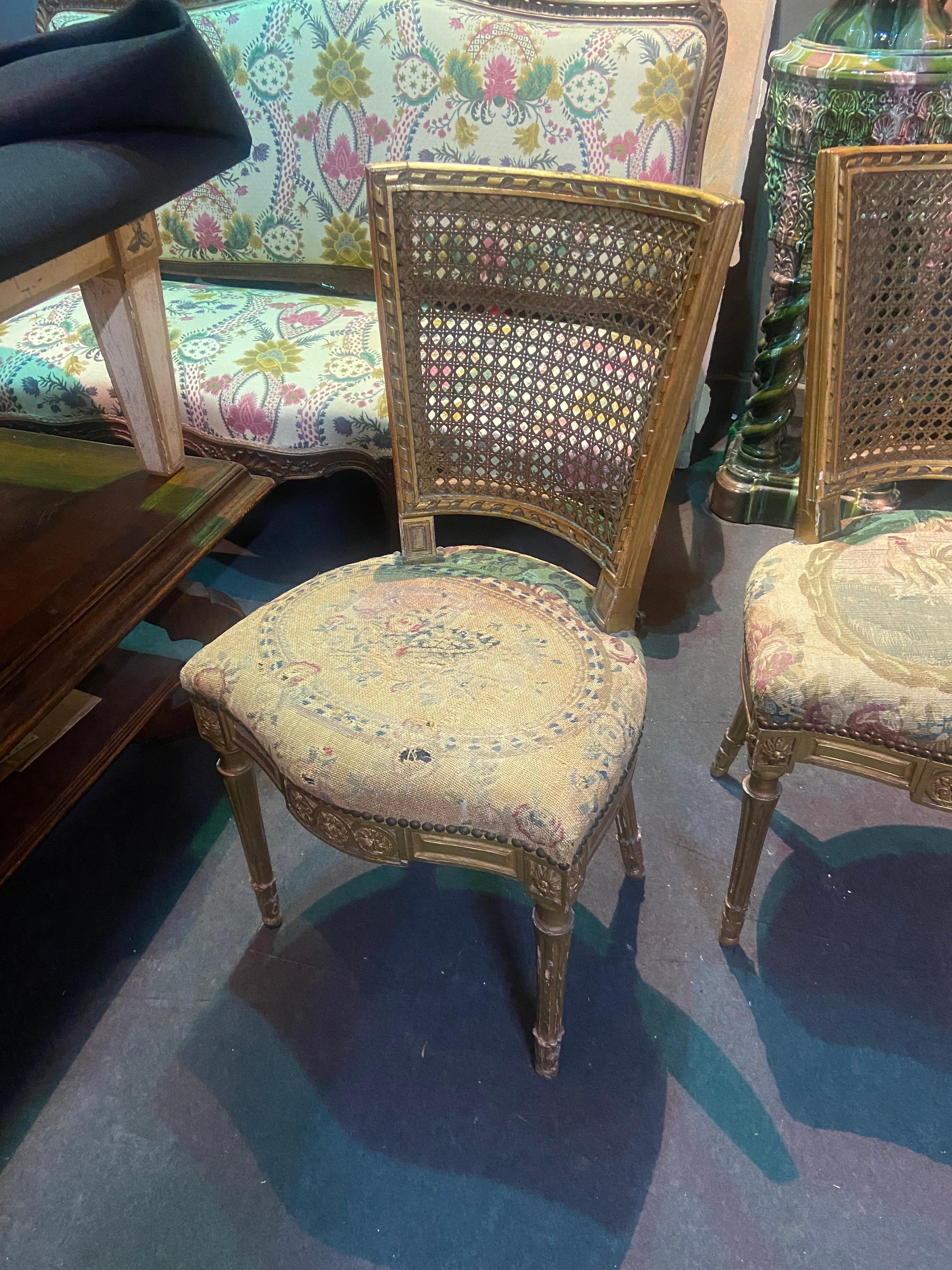 19th Century French Pair of Gild Wood and Hand Carved Tapestry Chairs For Sale 7