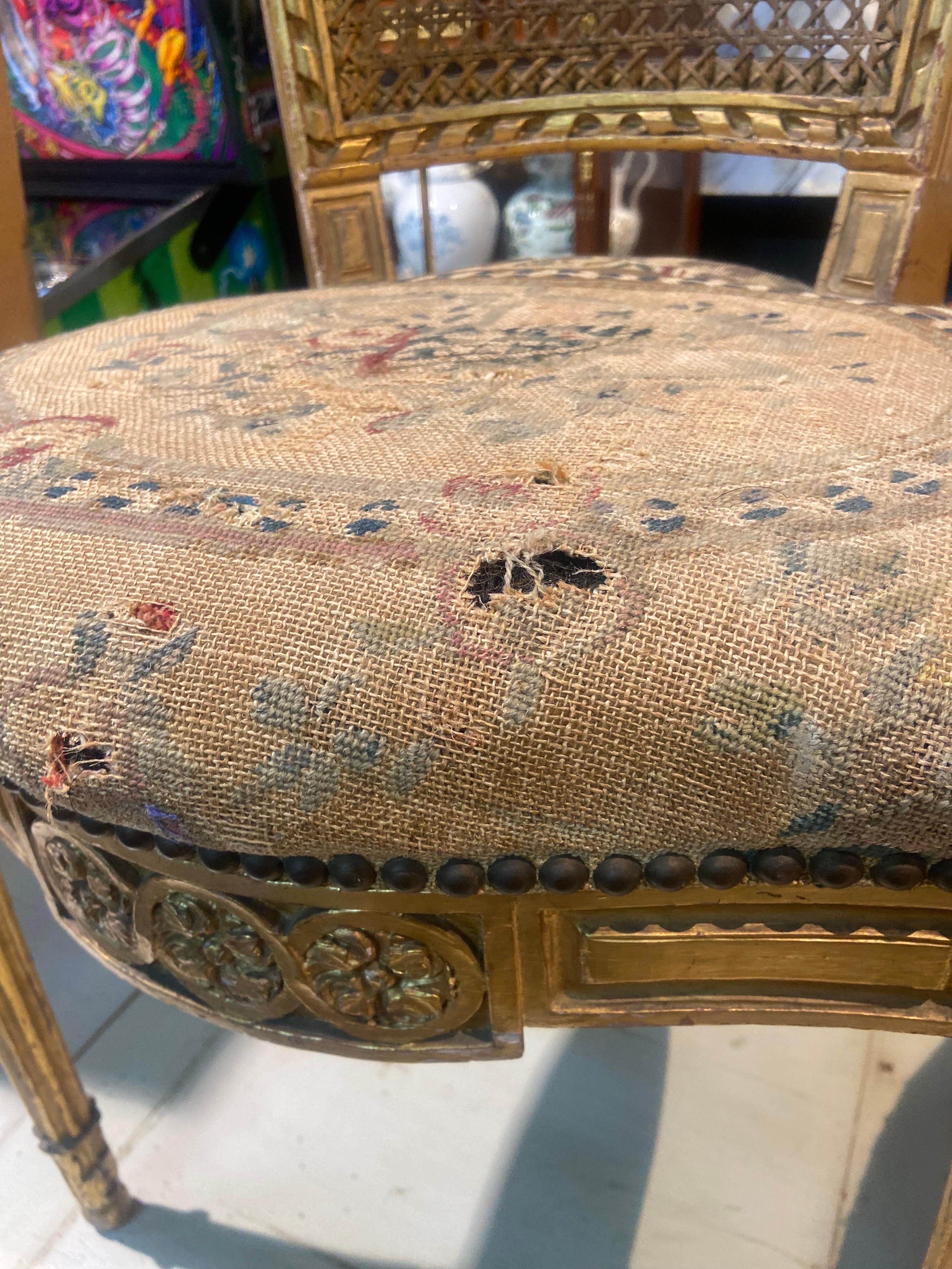 19th Century French Pair of Gild Wood and Hand Carved Tapestry Chairs For Sale 9