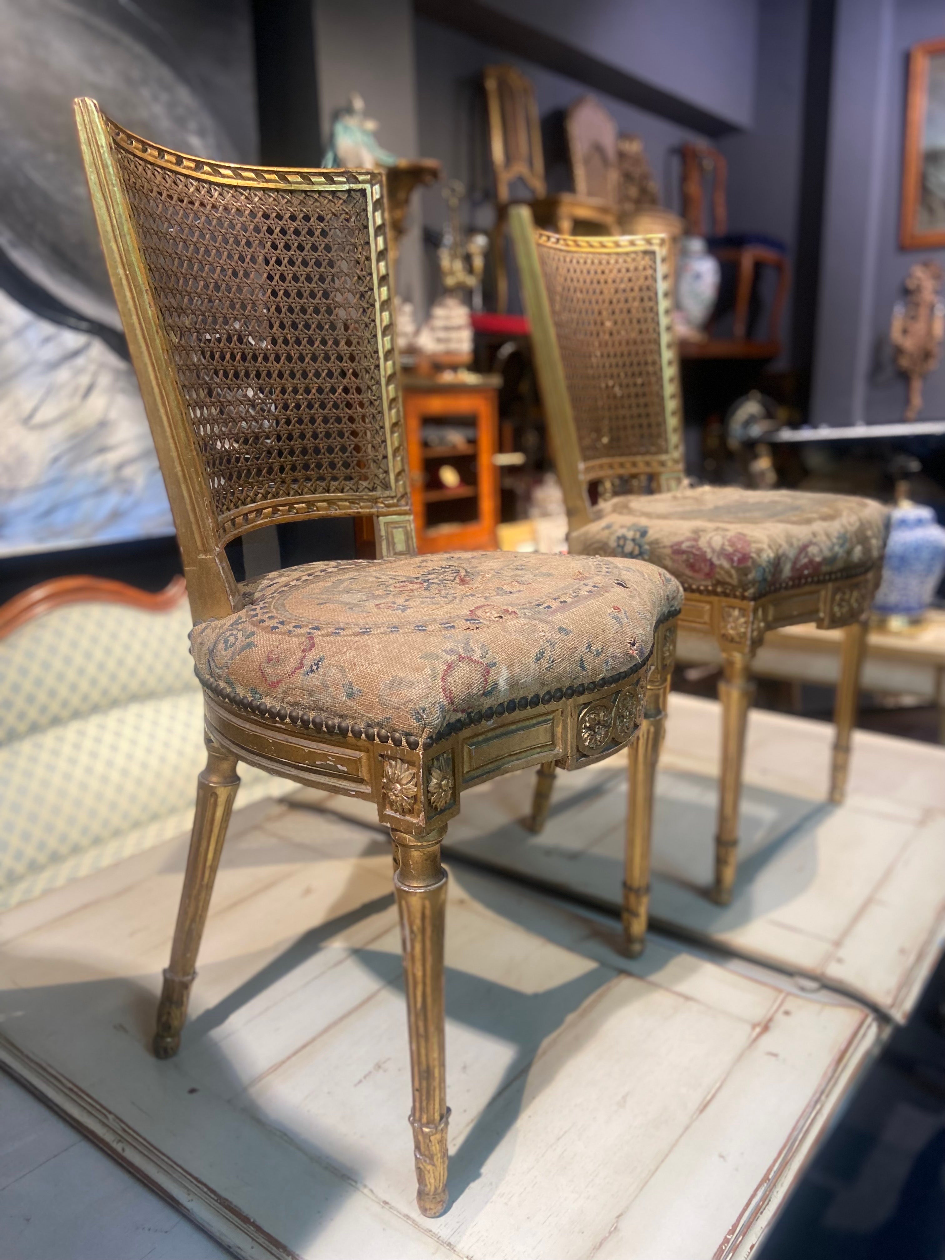 Louis XVI 19th Century French Pair of Gild Wood and Hand Carved Tapestry Chairs For Sale
