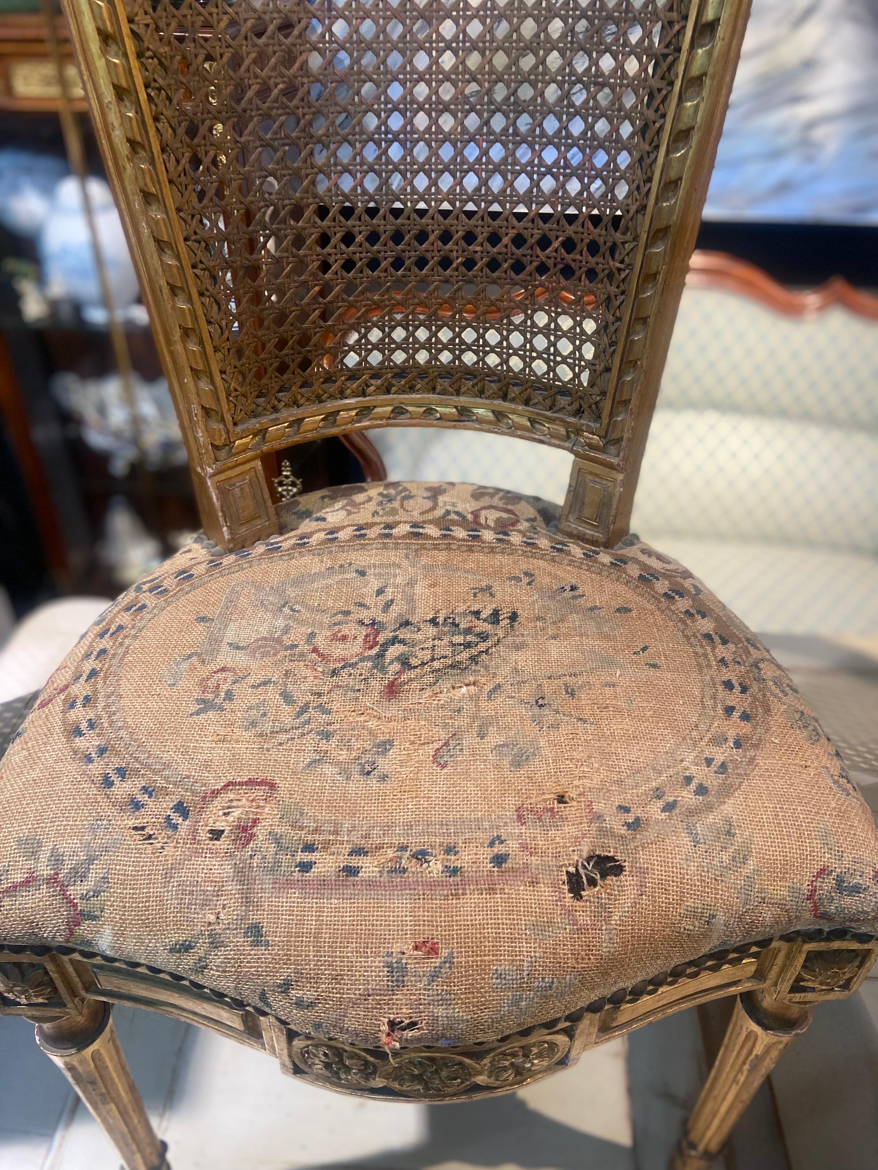 19th Century French Pair of Gild Wood and Hand Carved Tapestry Chairs For Sale 1