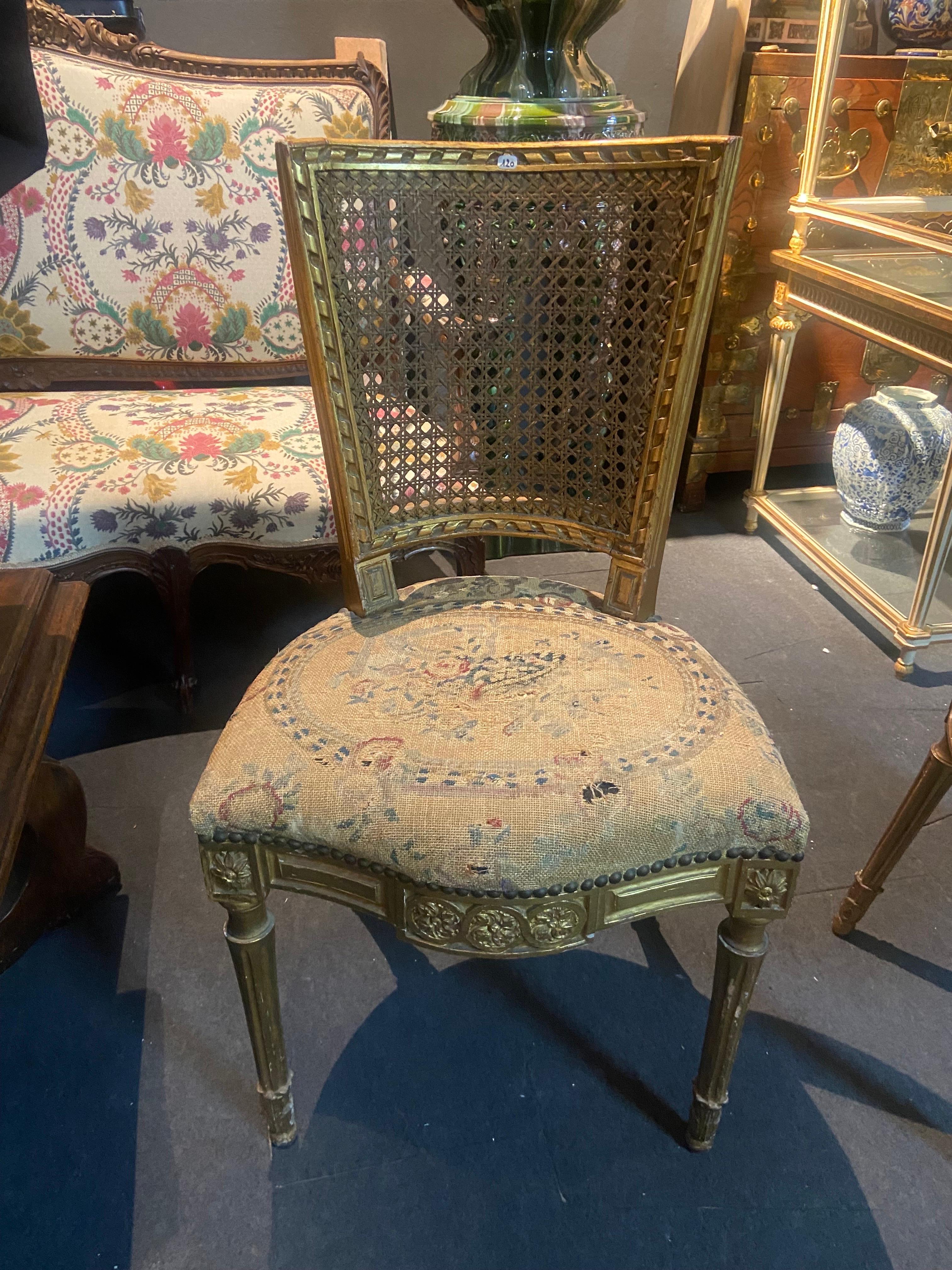 19th Century French Pair of Gild Wood and Hand Carved Tapestry Chairs For Sale 3