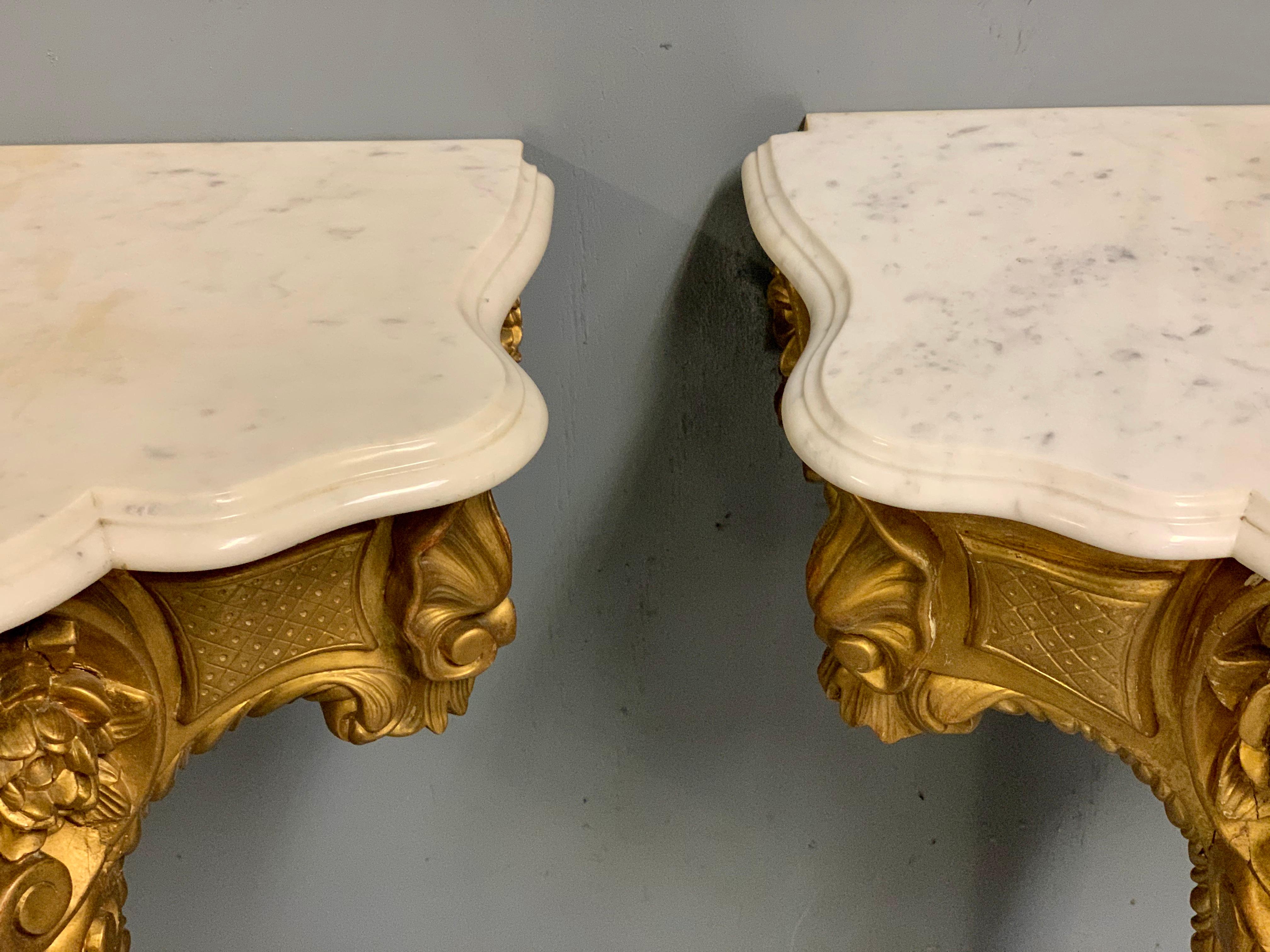 19th Century French Pair of Gilt Wall Mounted Console Tables with Marble Tops For Sale 4