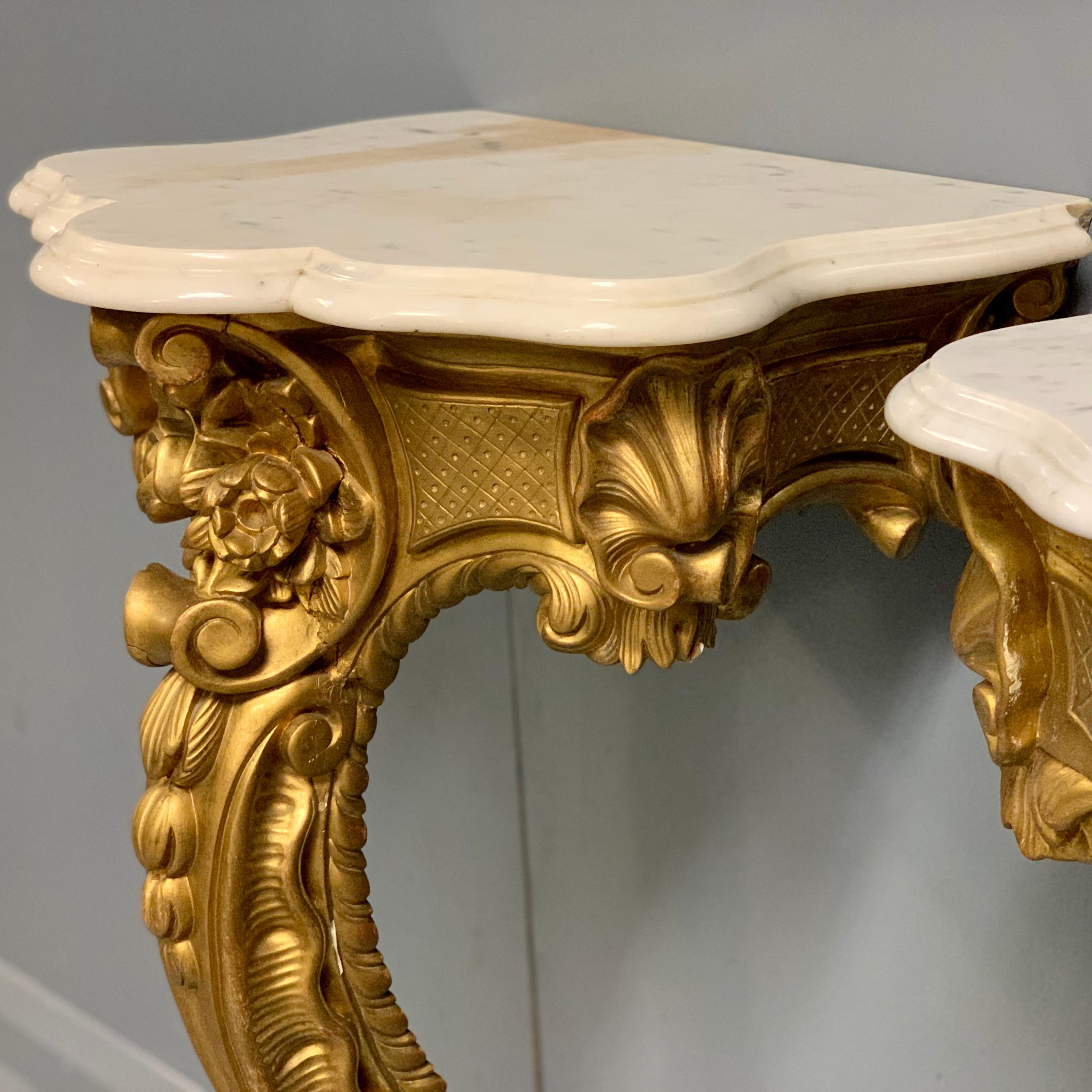 19th Century French Pair of Gilt Wall Mounted Console Tables with Marble Tops For Sale 6