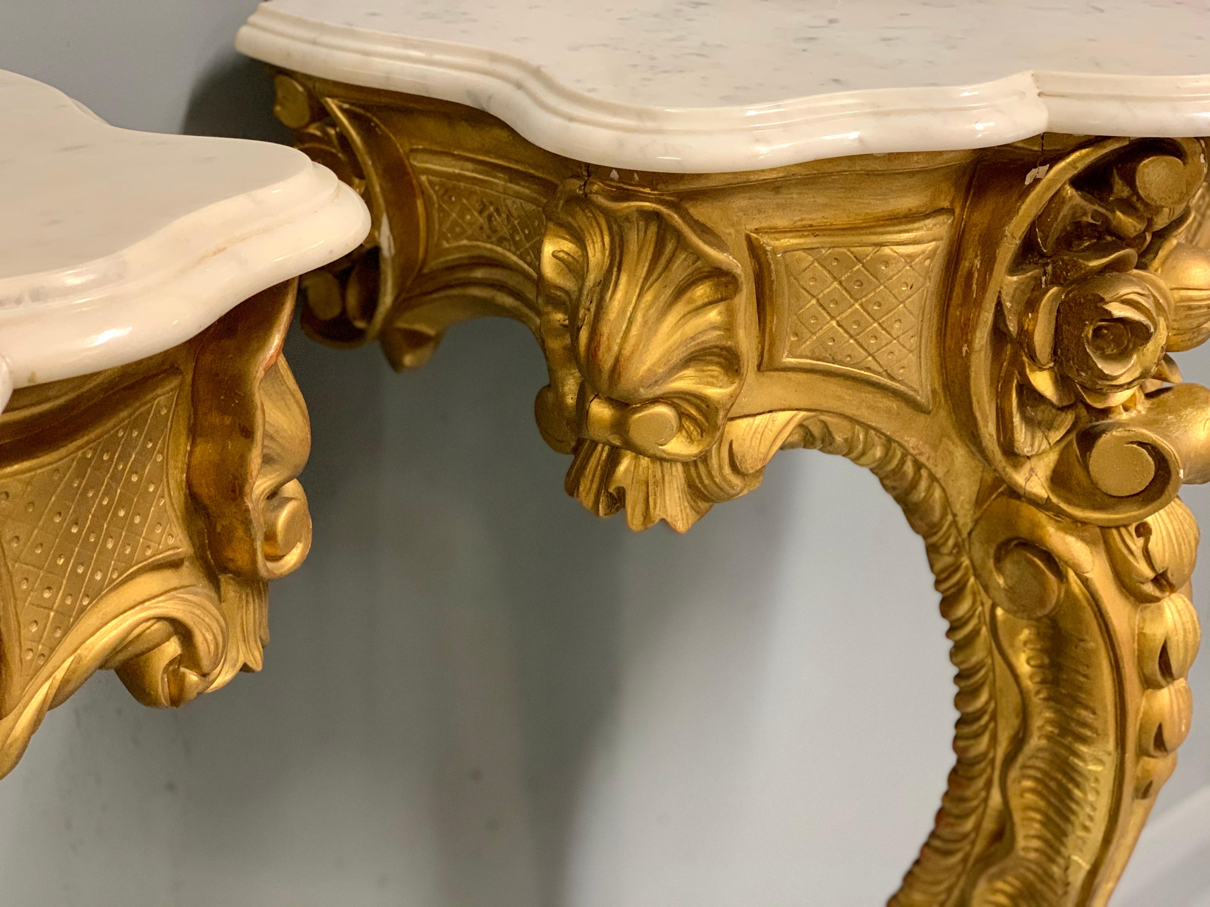 19th Century French Pair of Gilt Wall Mounted Console Tables with Marble Tops For Sale 7