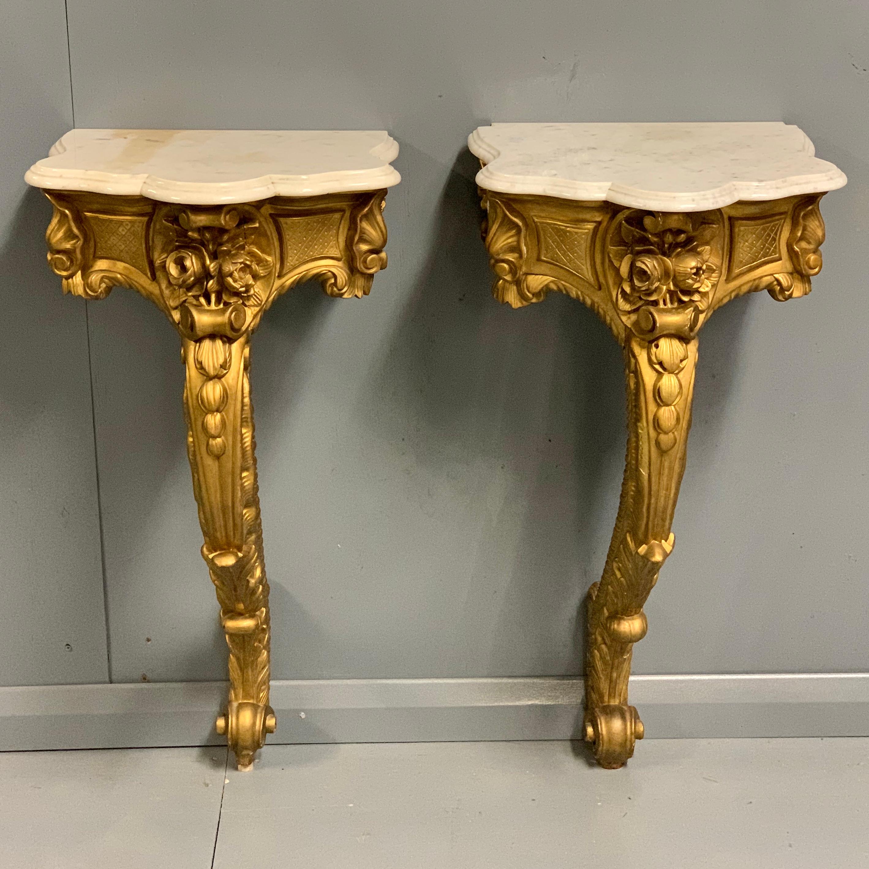 19th Century French Pair of Gilt Wall Mounted Console Tables with Marble Tops In Good Condition For Sale In Uppingham, Rutland