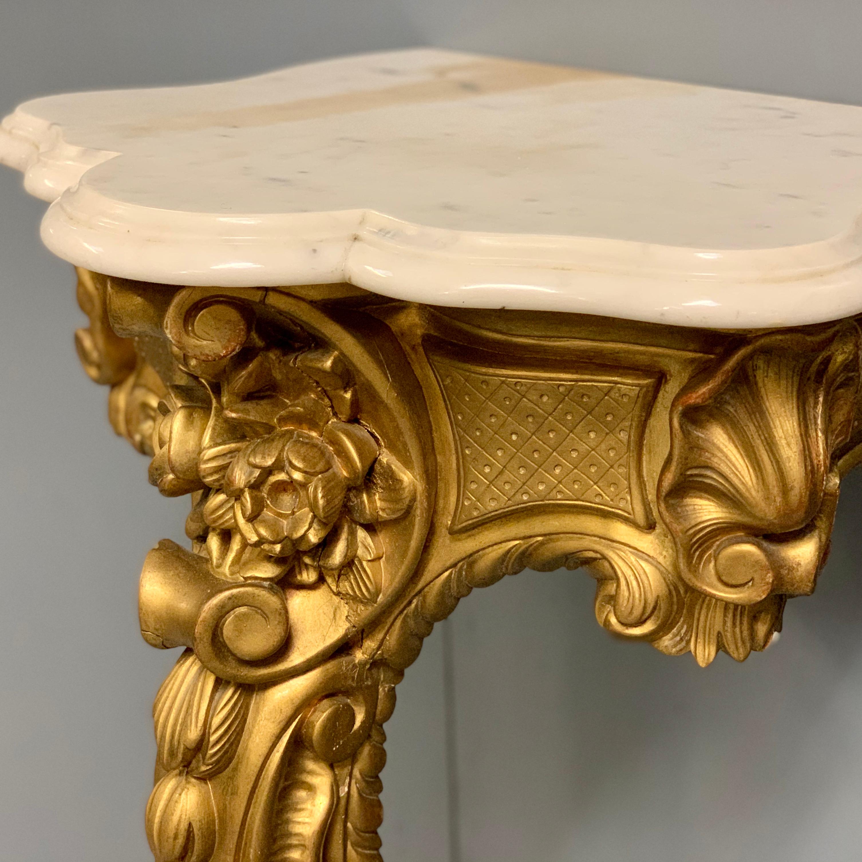 Mid-19th Century 19th Century French Pair of Gilt Wall Mounted Console Tables with Marble Tops For Sale