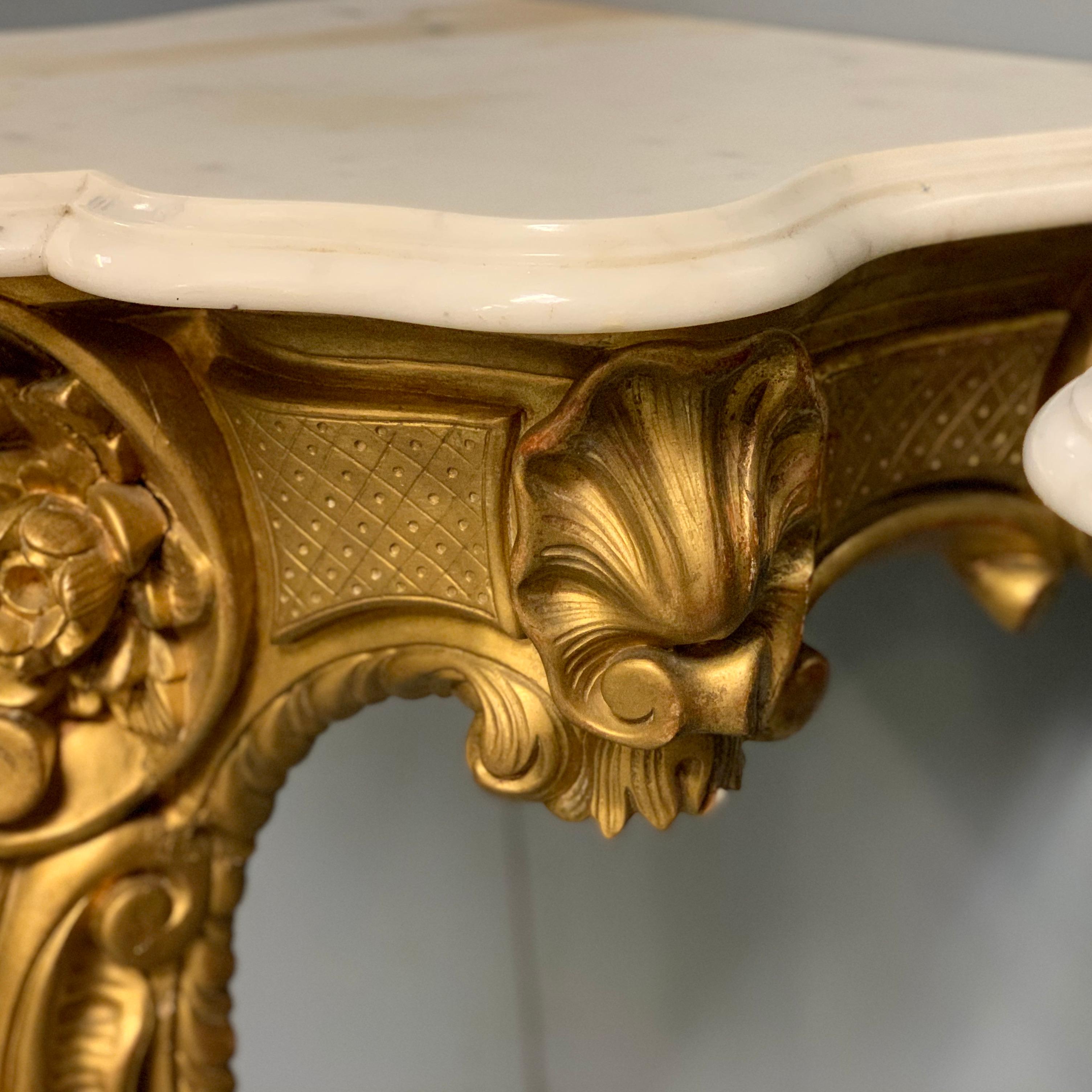 19th Century French Pair of Gilt Wall Mounted Console Tables with Marble Tops For Sale 1