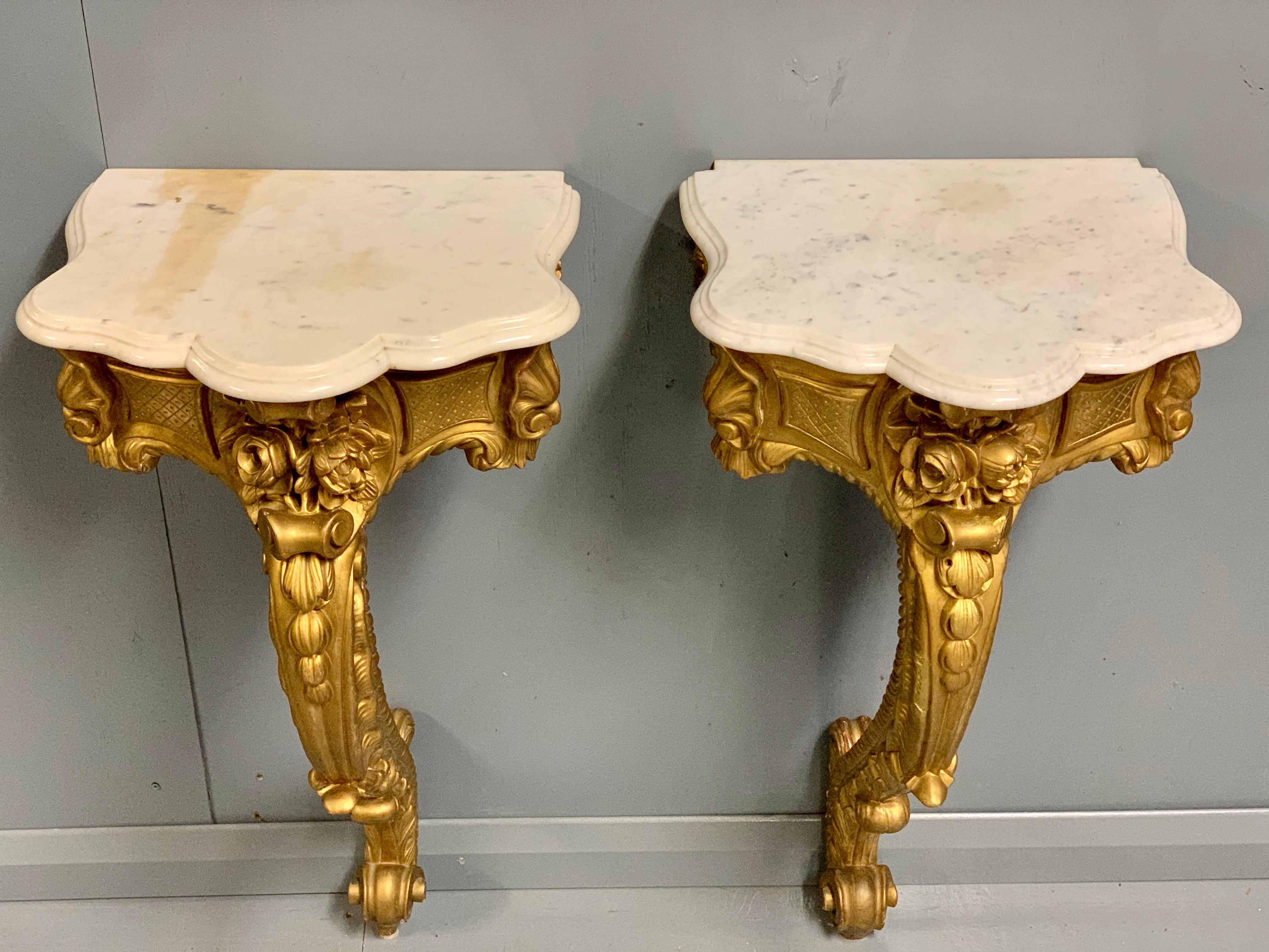 19th Century French Pair of Gilt Wall Mounted Console Tables with Marble Tops For Sale 3