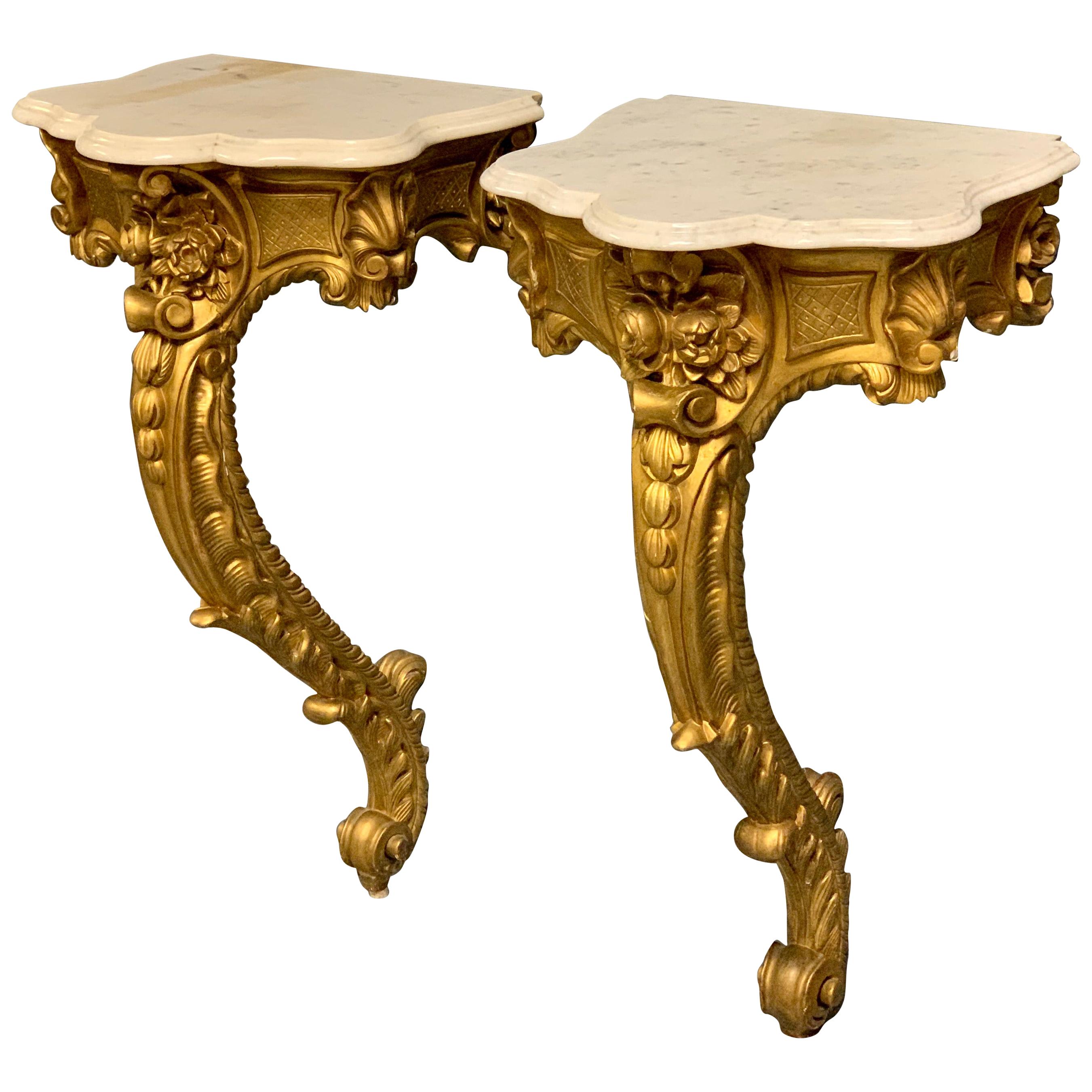 19th Century French Pair of Gilt Wall Mounted Console Tables with Marble Tops For Sale