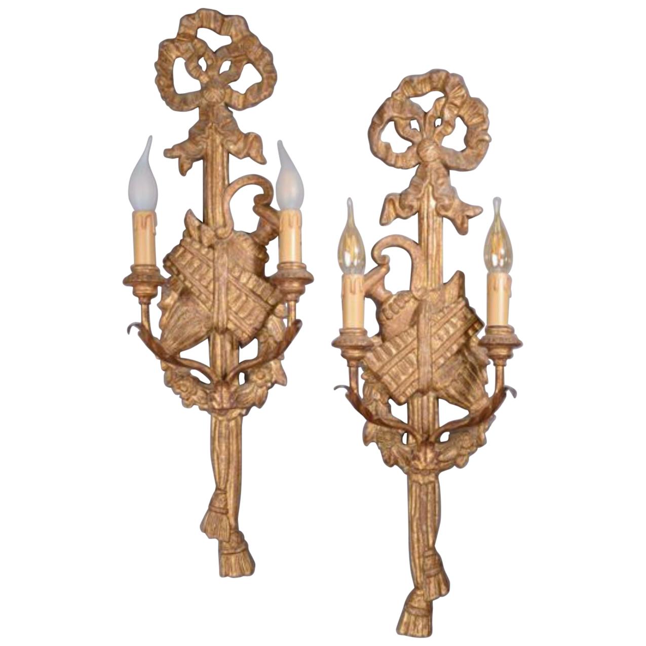 19th Century French Pair of Hand Carved Giltwood Sconces in Louis XVI Style