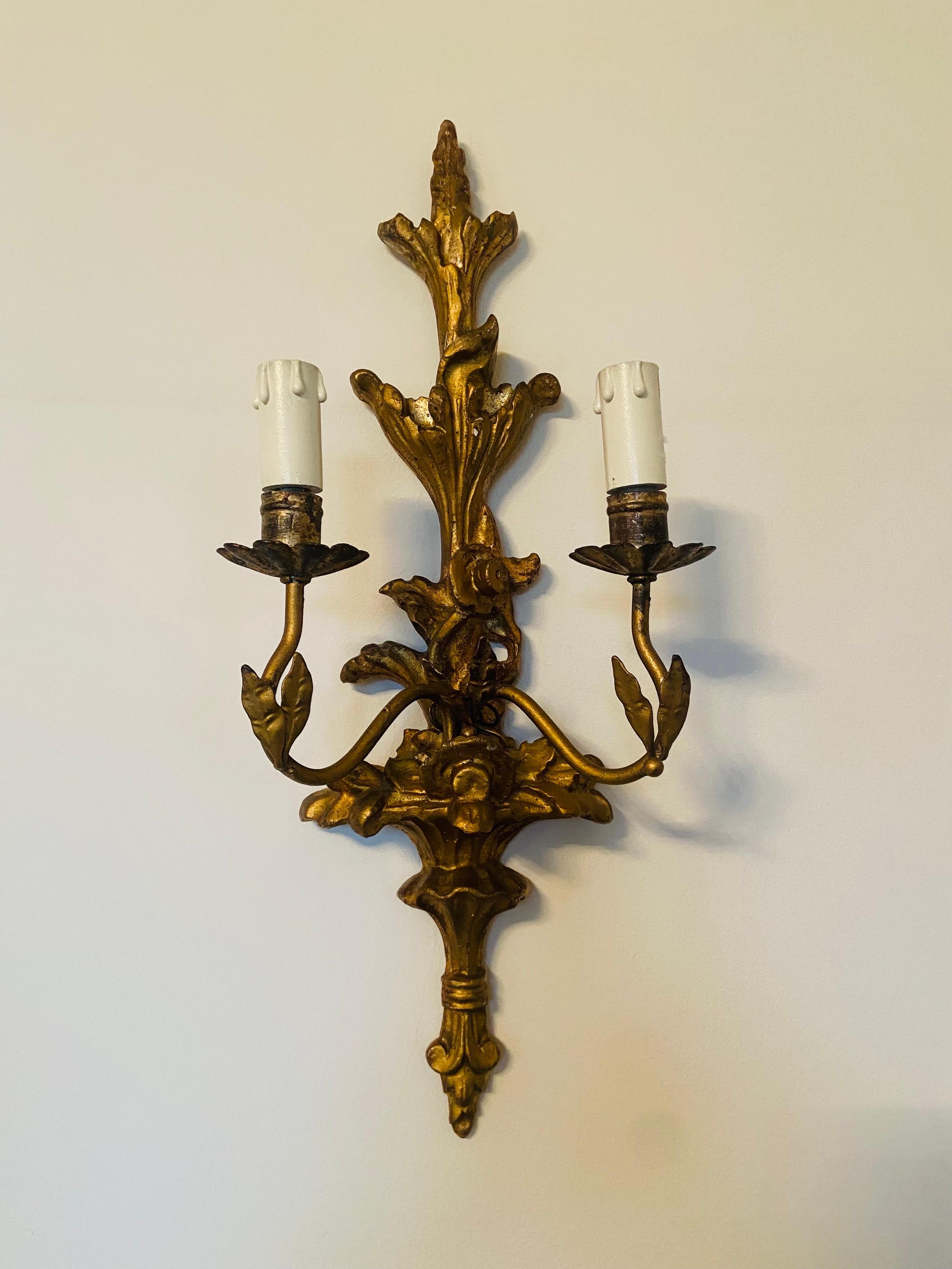 19th Century French Pair of Hand Carved Giltwood Baroque Style Sconces  For Sale 6
