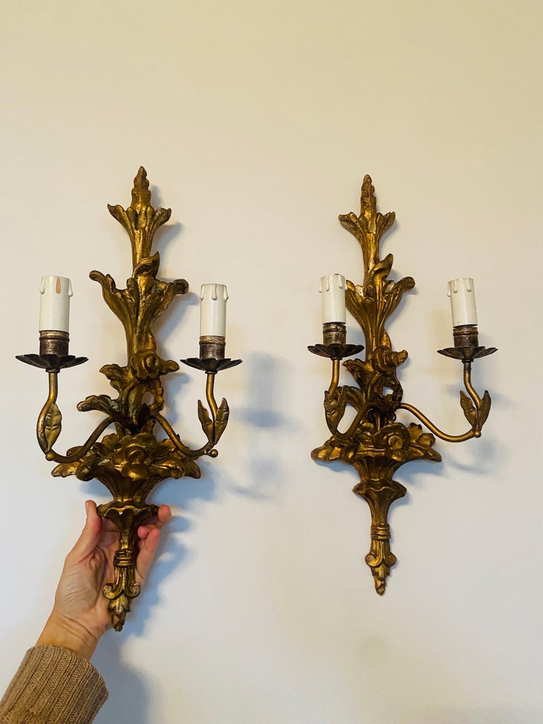 19th Century French Pair of Hand Carved Giltwood Baroque Style Sconces ...