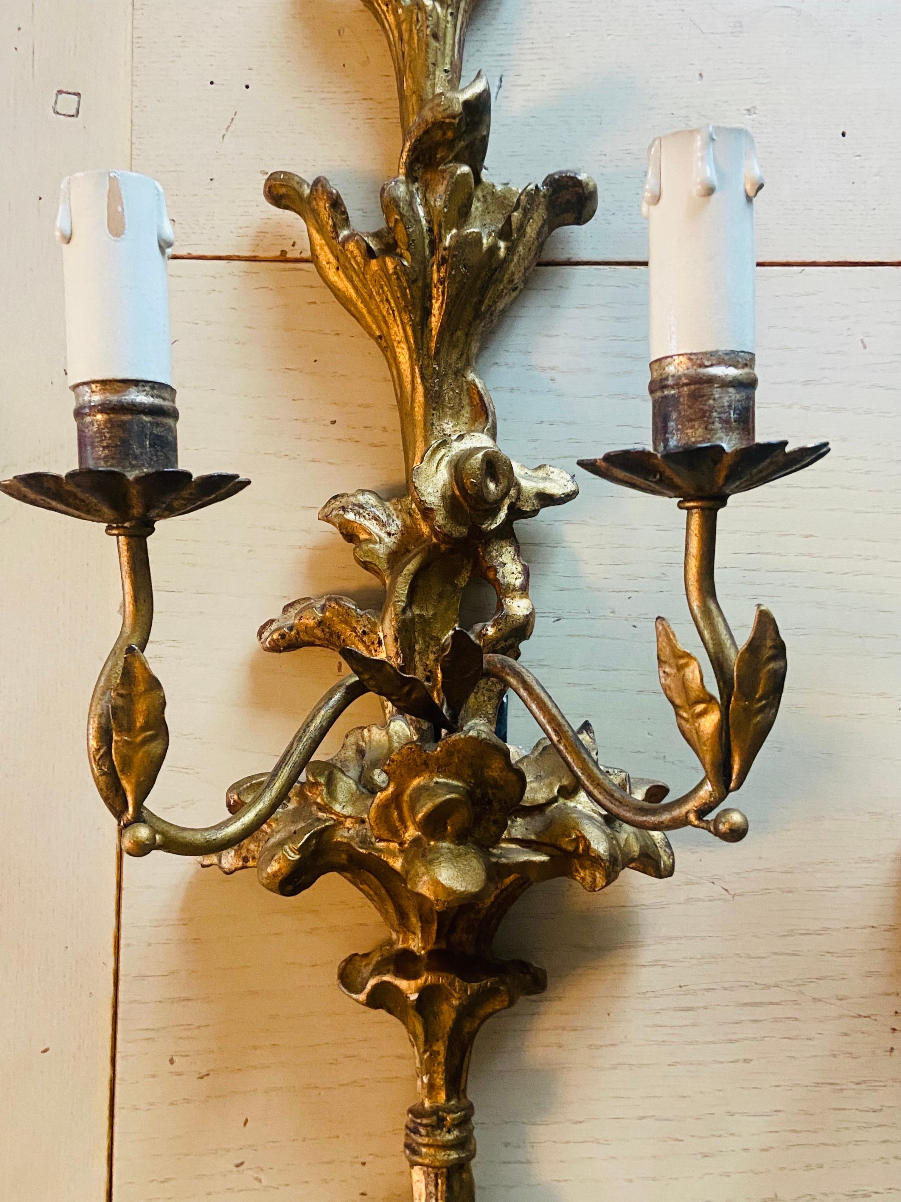 19th Century French Pair of Hand Carved Giltwood Baroque Style Sconces  For Sale 9