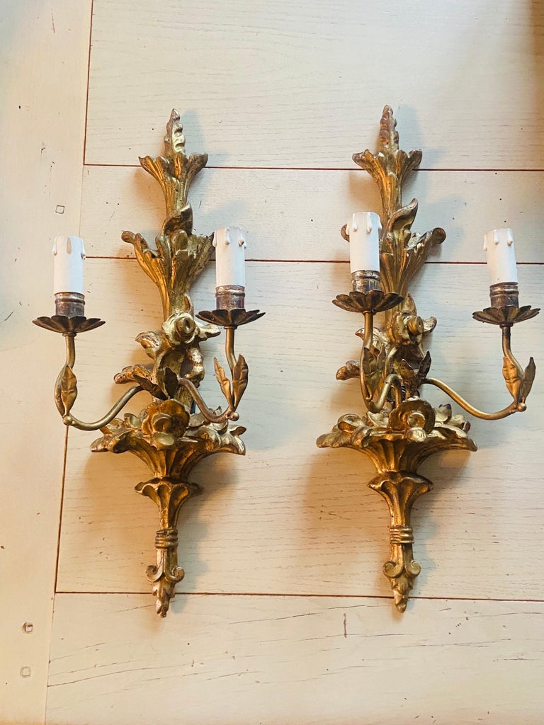 19th Century French Pair of Hand Carved Giltwood Baroque Style Sconces ...