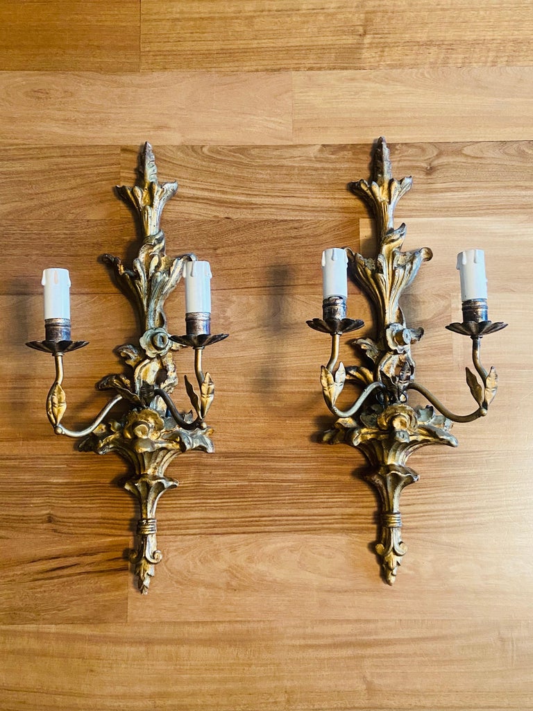 19th Century French Pair of Hand Carved Giltwood Baroque Style Sconces ...