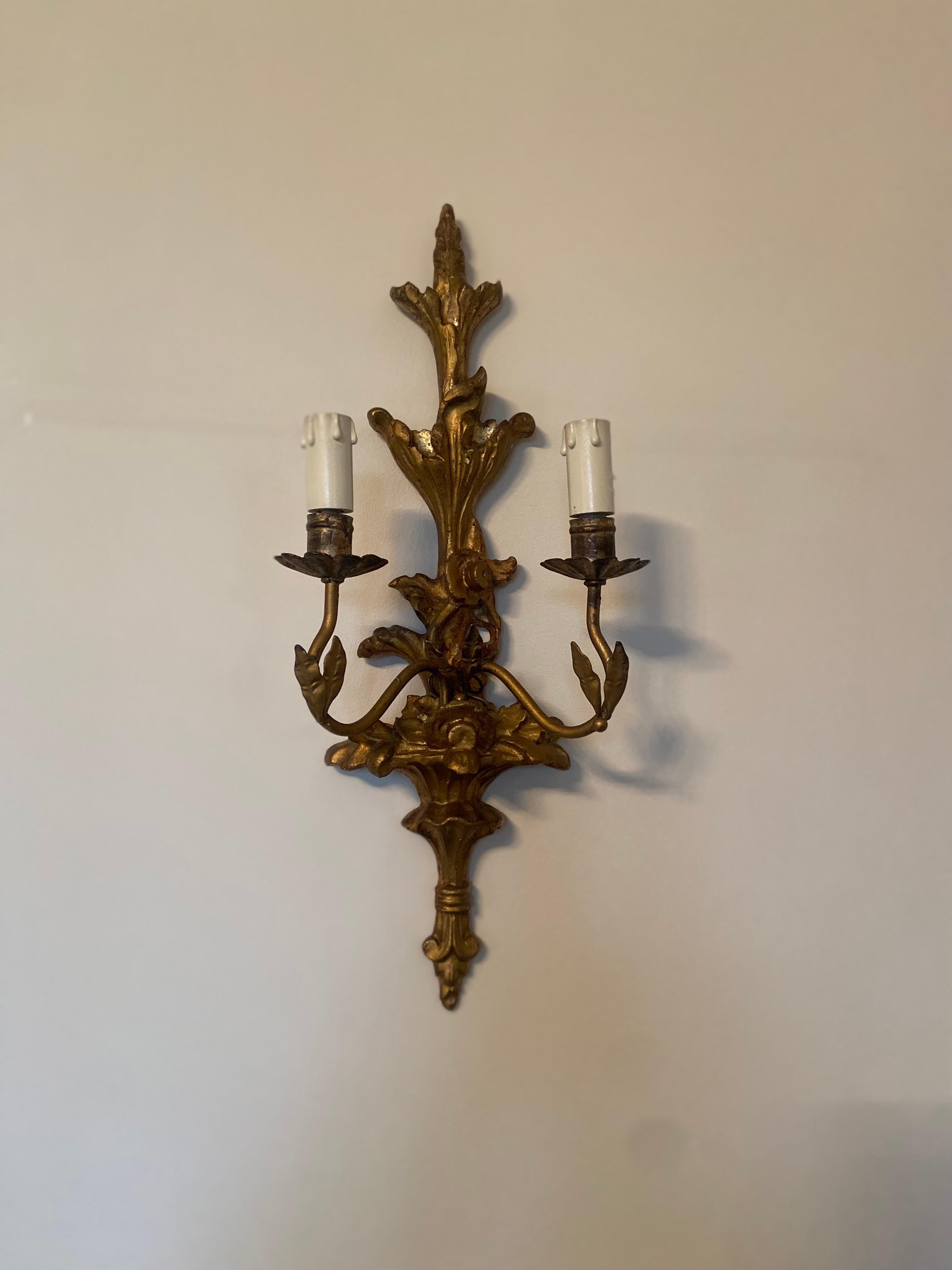 19th Century French Pair of Hand Carved Giltwood Baroque Style Sconces  For Sale 24