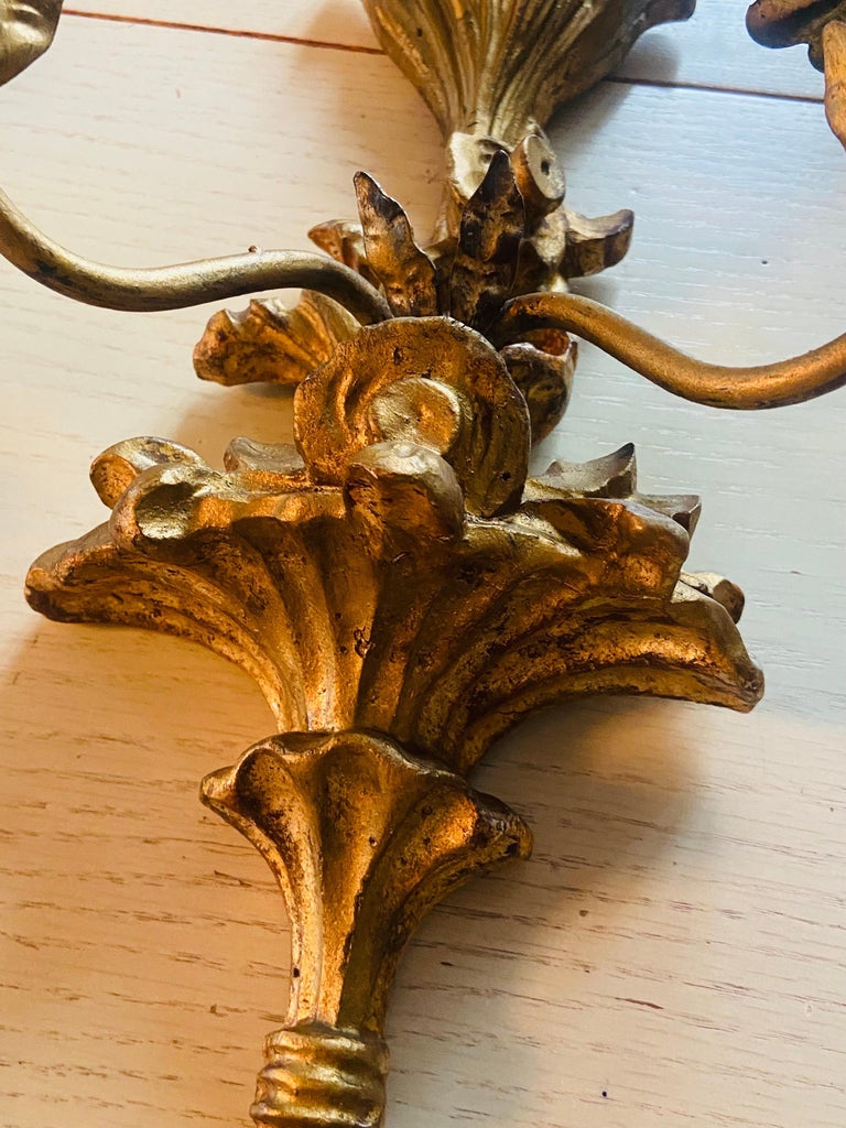 19th Century French Pair of Hand Carved Giltwood Baroque Style Sconces ...