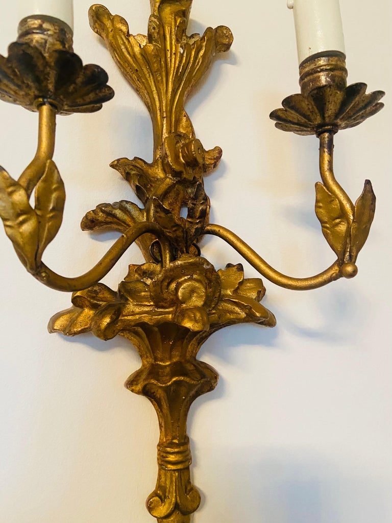 19th Century French Pair of Hand Carved Giltwood Baroque Style Sconces ...