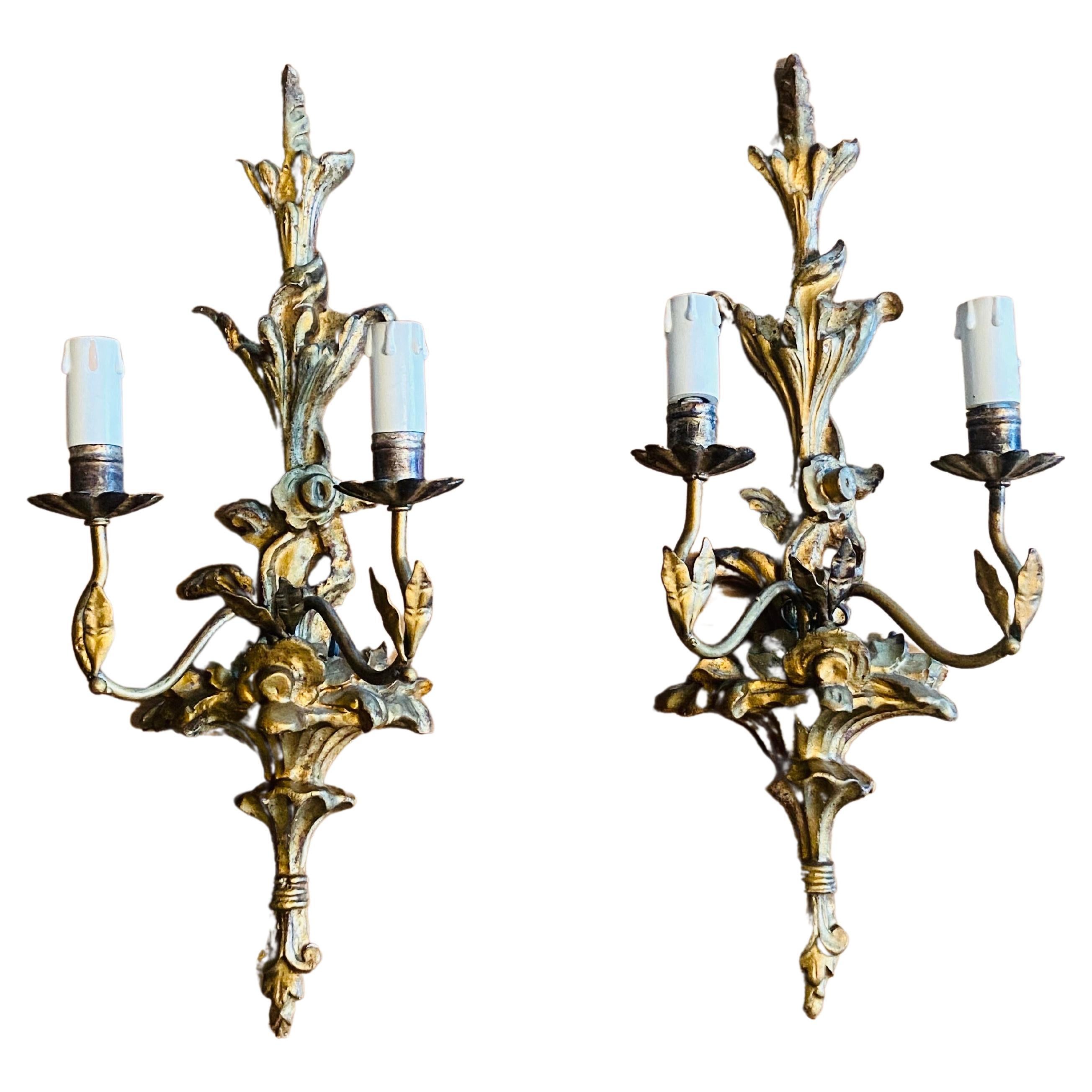 19th Century French Pair of Hand Carved Giltwood Baroque Style Sconces  For Sale
