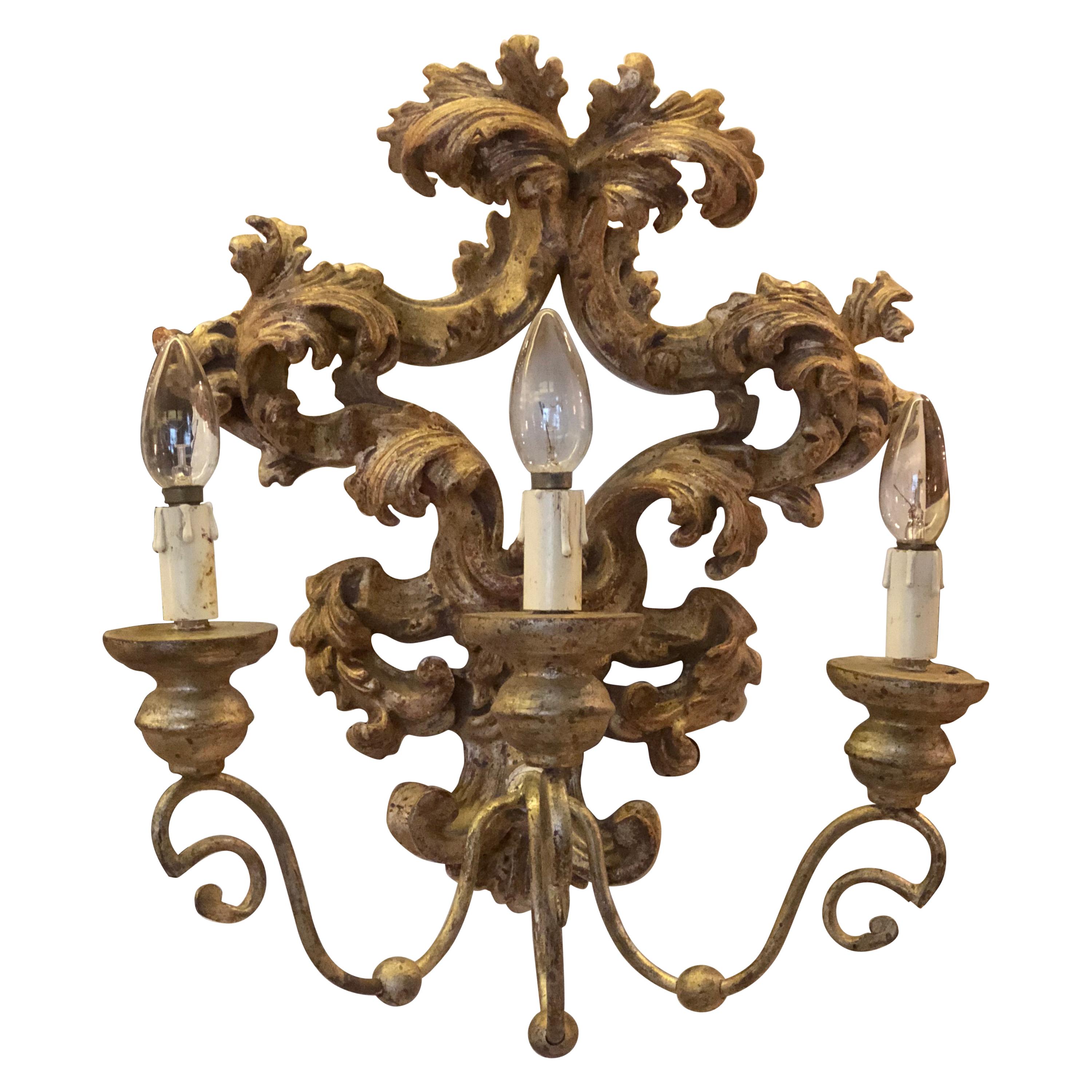 19th Century French Pair of Hand Carved Giltwood Sconces