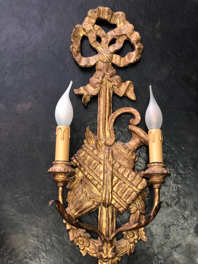 19th Century French Pair of Hand Carved Giltwood Sconces in Louis XVI ...