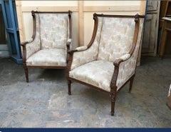 19th Century French Pair of Hand Carved Walnut Bergère with Original Fabric