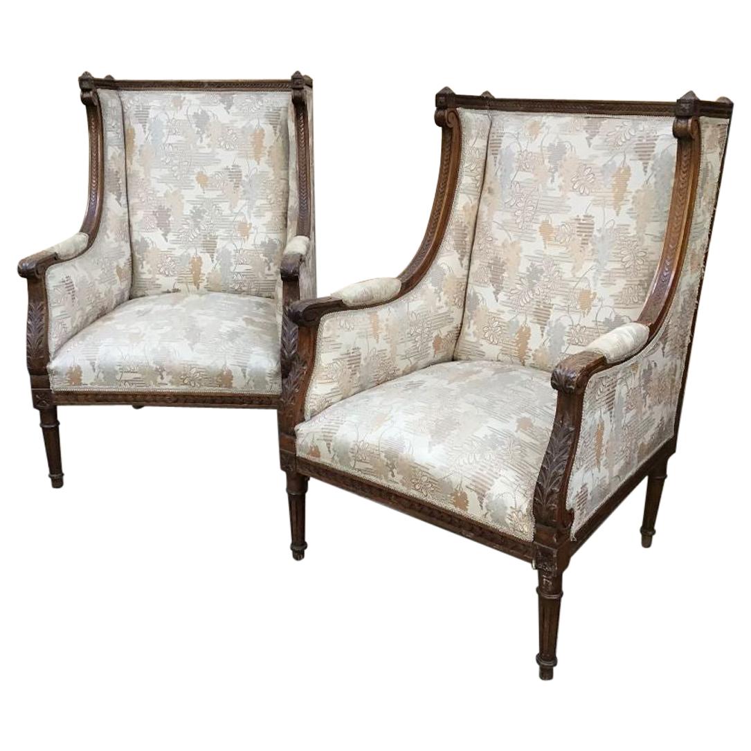 19th Century French Pair of Hand Carved Walnut Bergère with Original Fabric For Sale