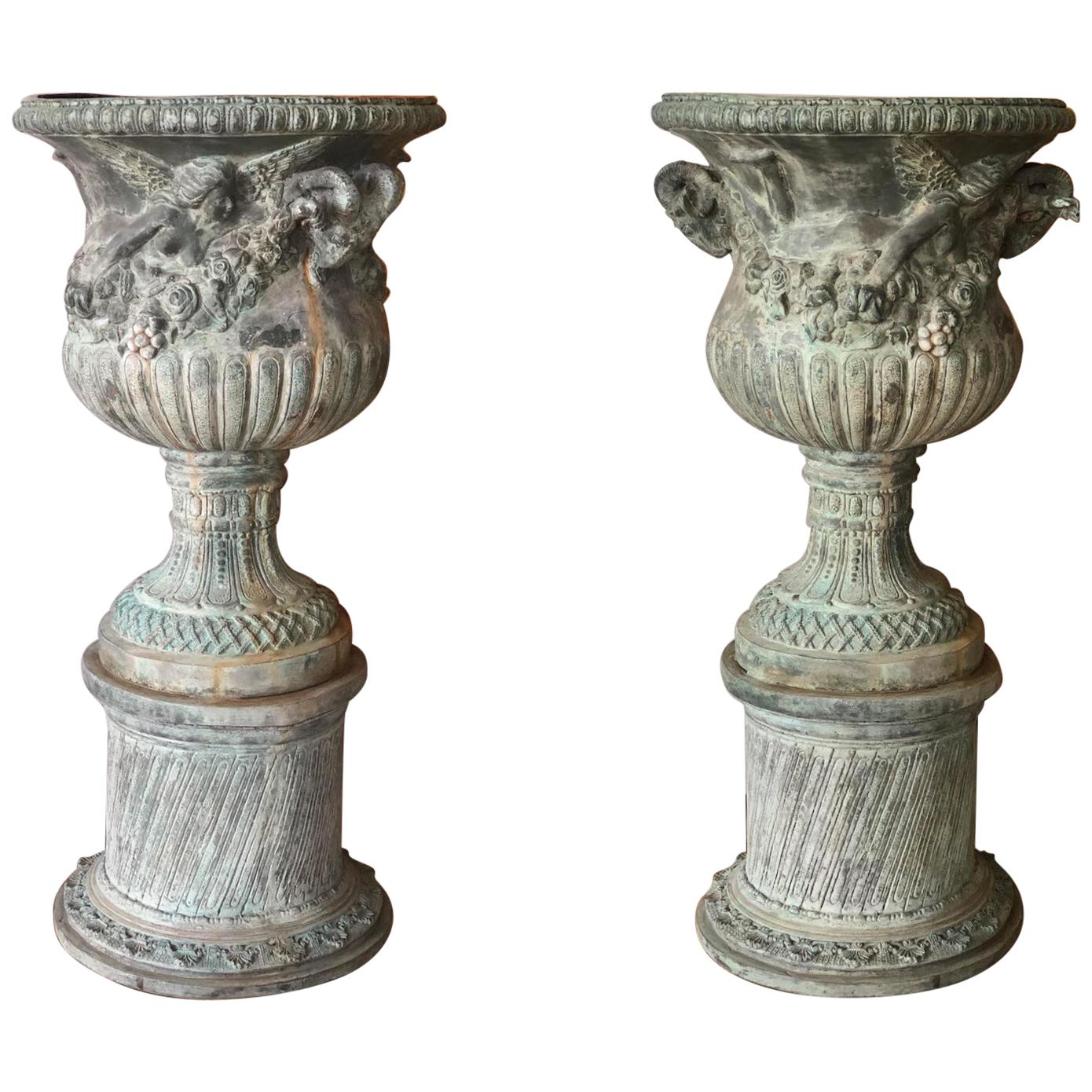 19th Century French Pair of Large Bronze Jardinières with Goddess, Ram's Heads