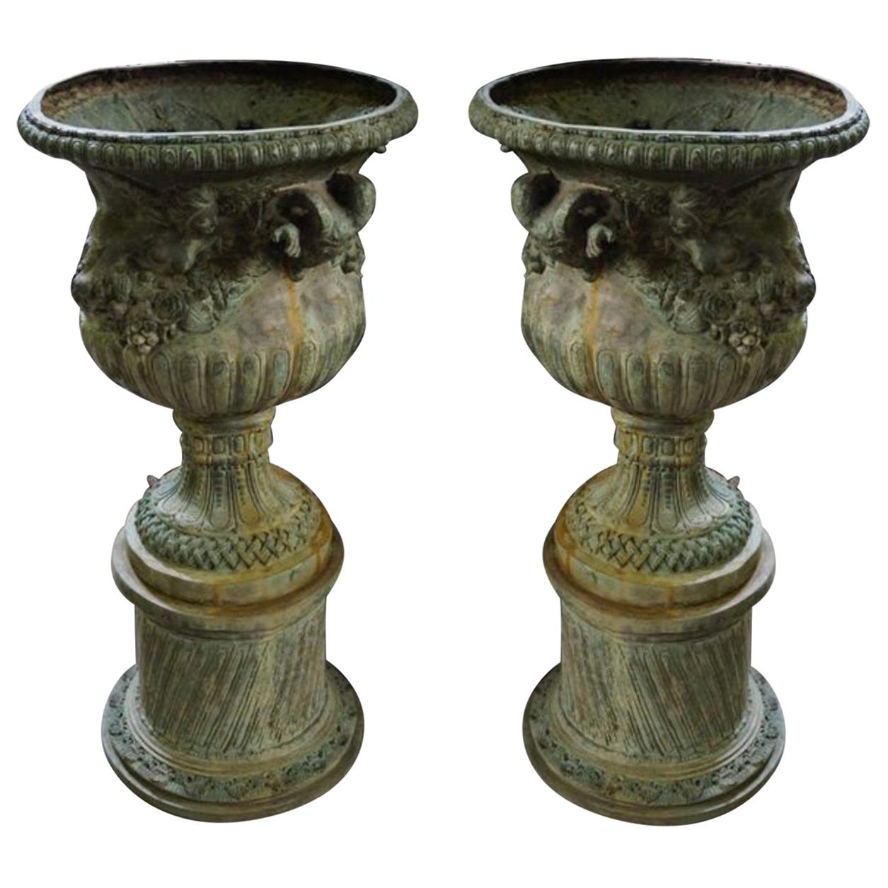 19th Century French Pair of Large Bronze Jardinières with Ram's Heads