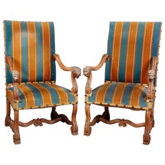 19th Century French Pair of Large Oak Armchairs with Lion Heads
