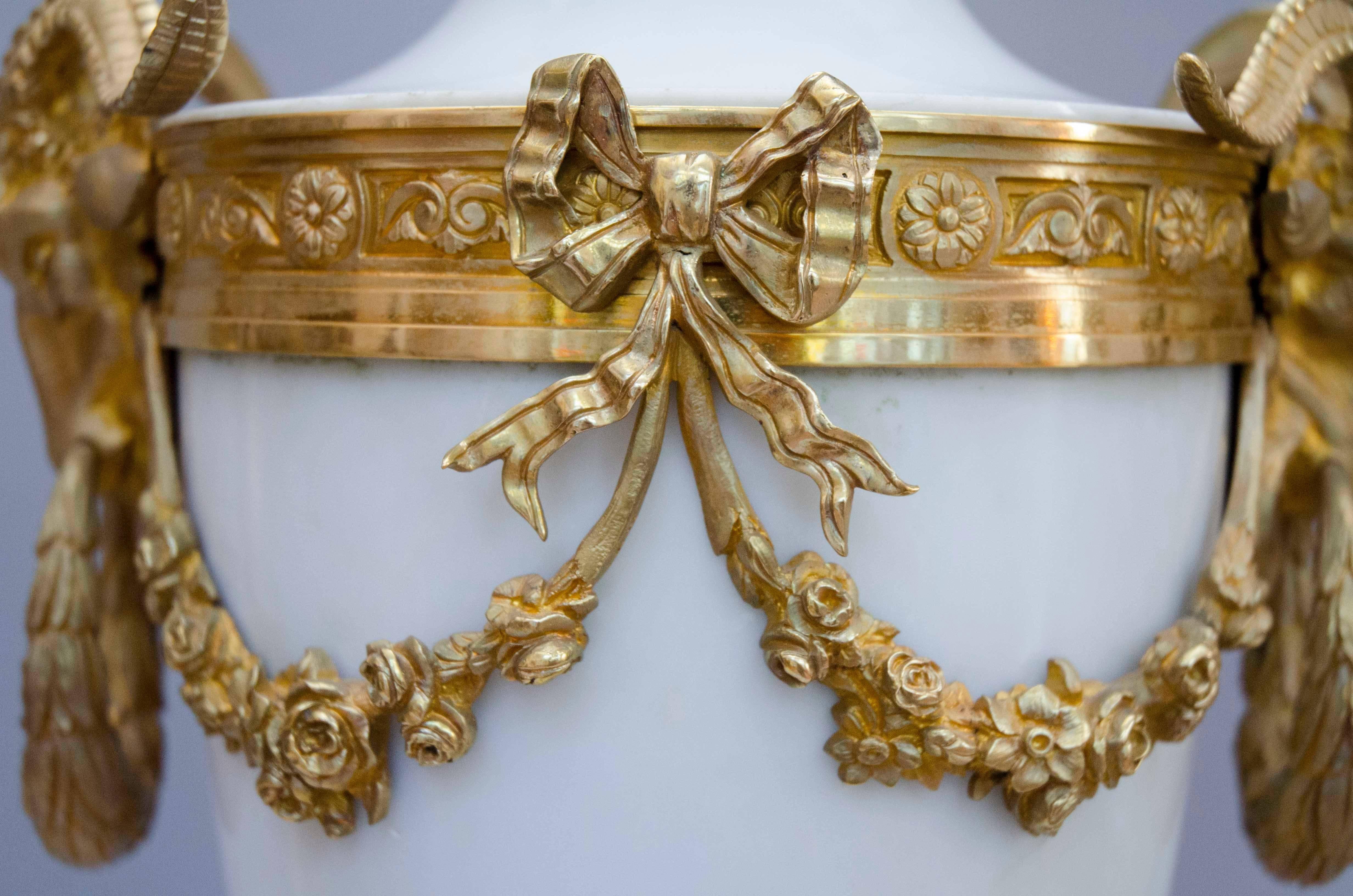 Gilt 19th Century French Pair of Large Ormulu White Marble Vases, Casolettes For Sale