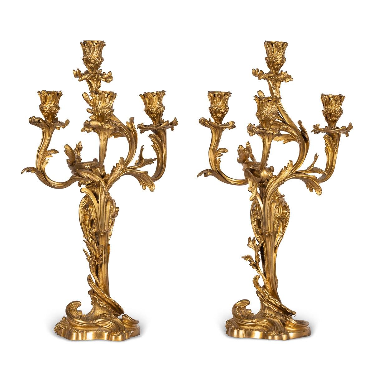 19th Century French Pair of Louis XV Style Ormolu Four-Light Candelabra, C.1880 In Good Condition For Sale In Royal Tunbridge Wells, Kent
