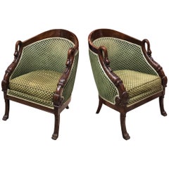 Antique 19th Century French Pair of Mahogany Empire Armchair with Swan's Headrests