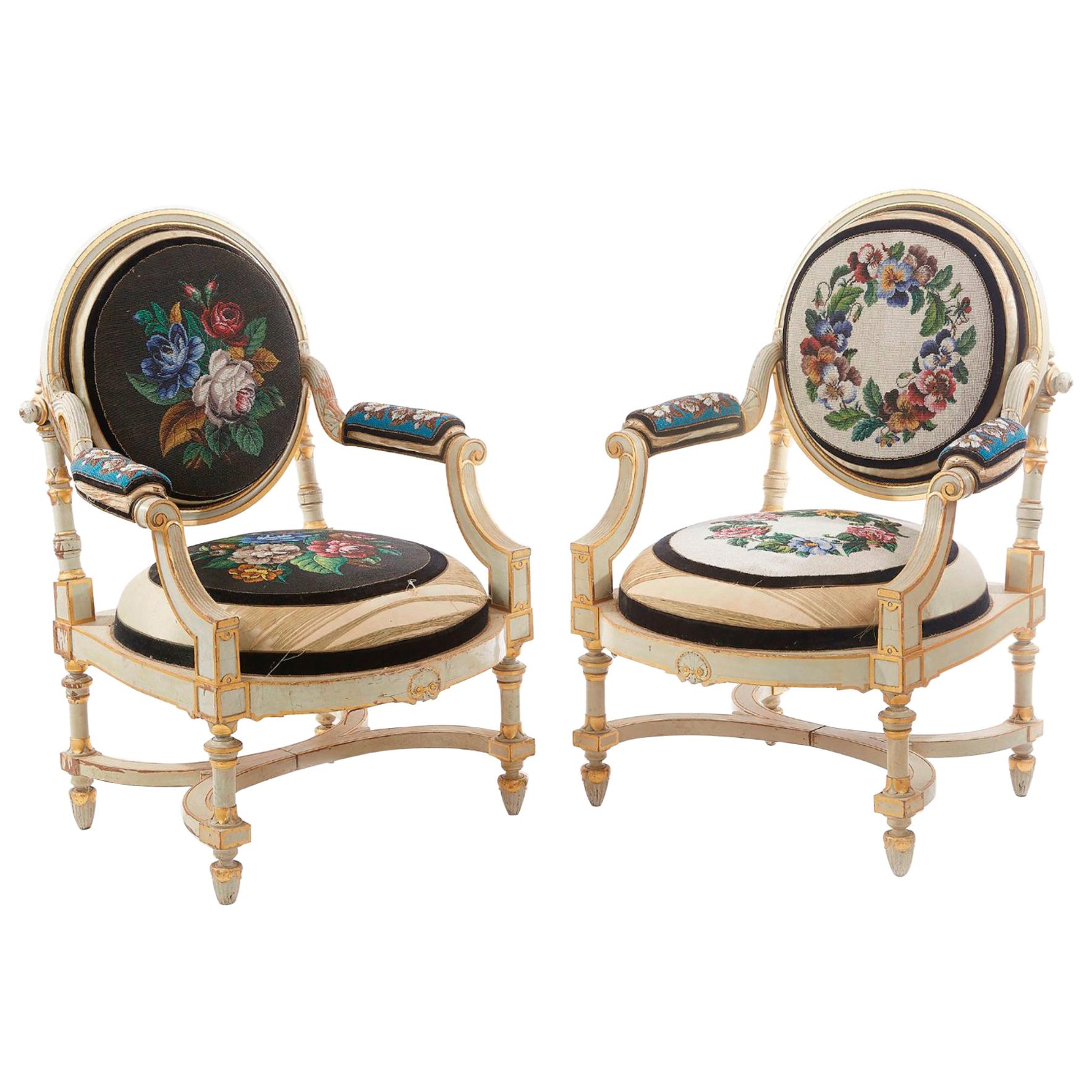 19th Century French Pair of Medallion Armchairs in Hand-Carved and Painted Wood