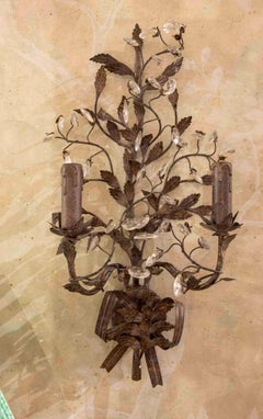 19th Century French Pair of Metal Sconces with Crystals