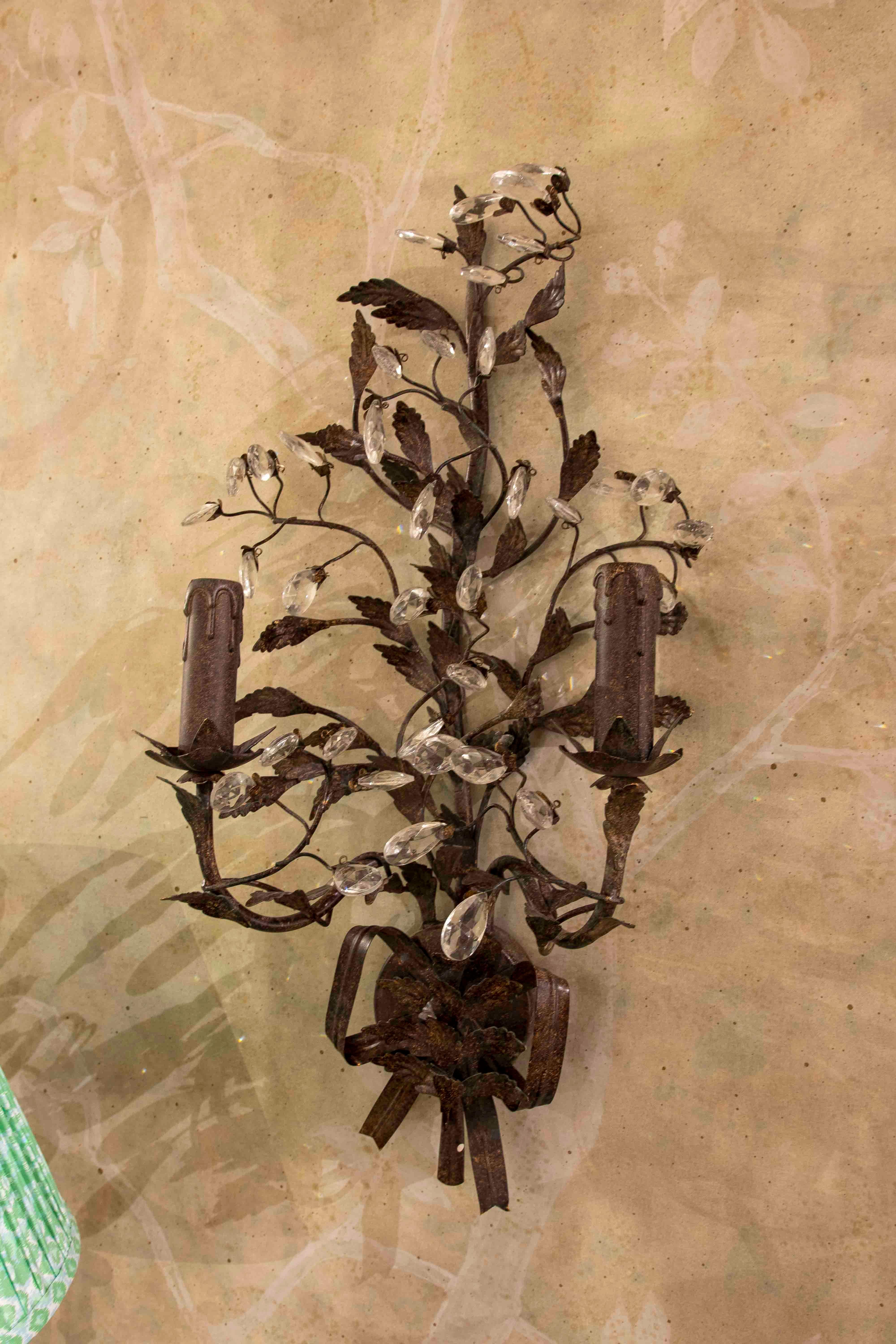 19th Century French Pair of Metal Sconces with Crystals For Sale 1