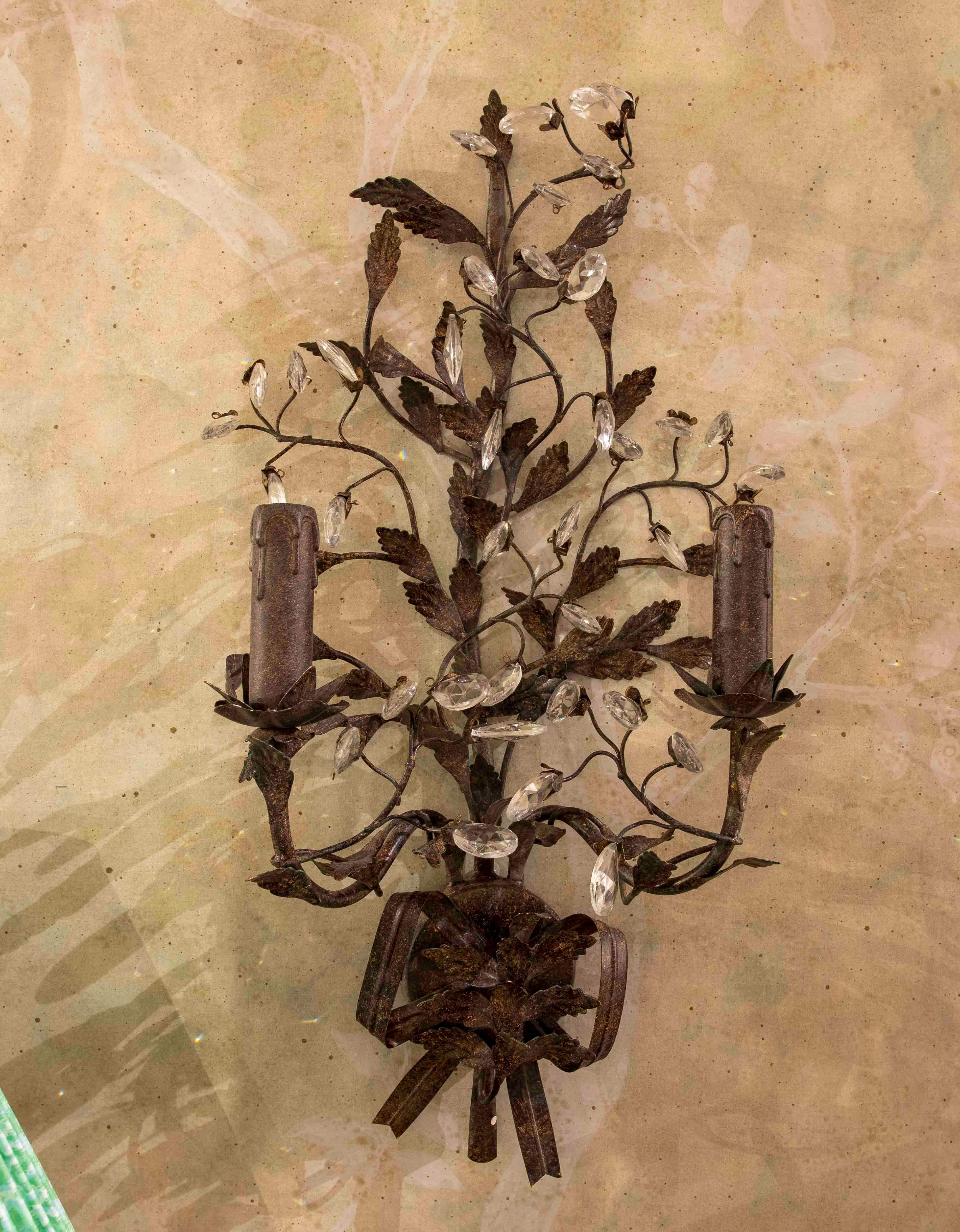 19th Century French Pair of Metal Sconces with Crystals For Sale 2