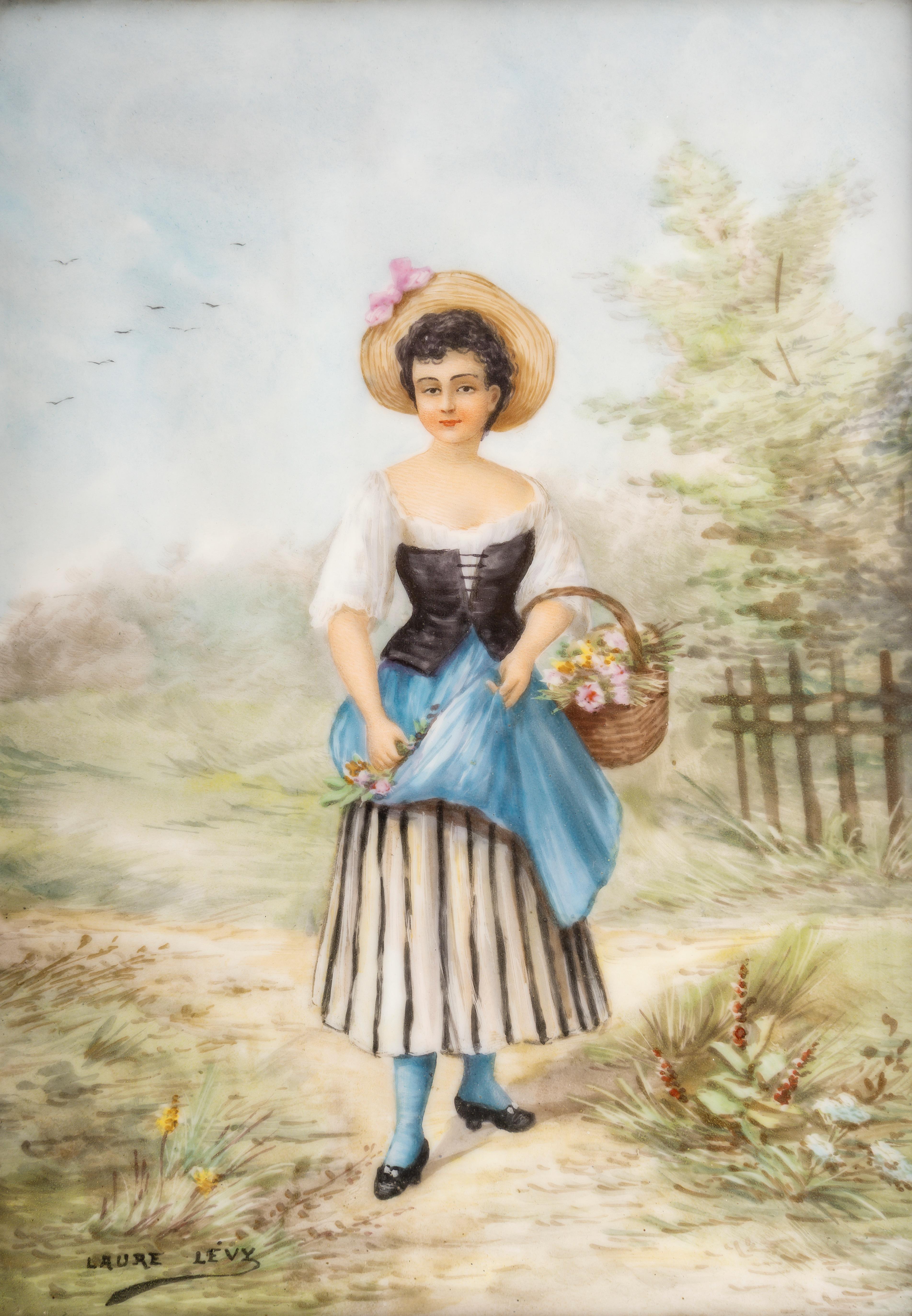 Laure Levy (1866-1954)
Junge Frau mit einem Blumenkorb & junge Frau mit einem Weizenbündel
Paar handbemalte polychrome Porzellanplaketten
Beide unten links signiert
Mit ihren Originalrahmen
CIRCA 1900
H 29 cm L 23 cm P 3 cm
H 22 cm L 16 cm

Laure