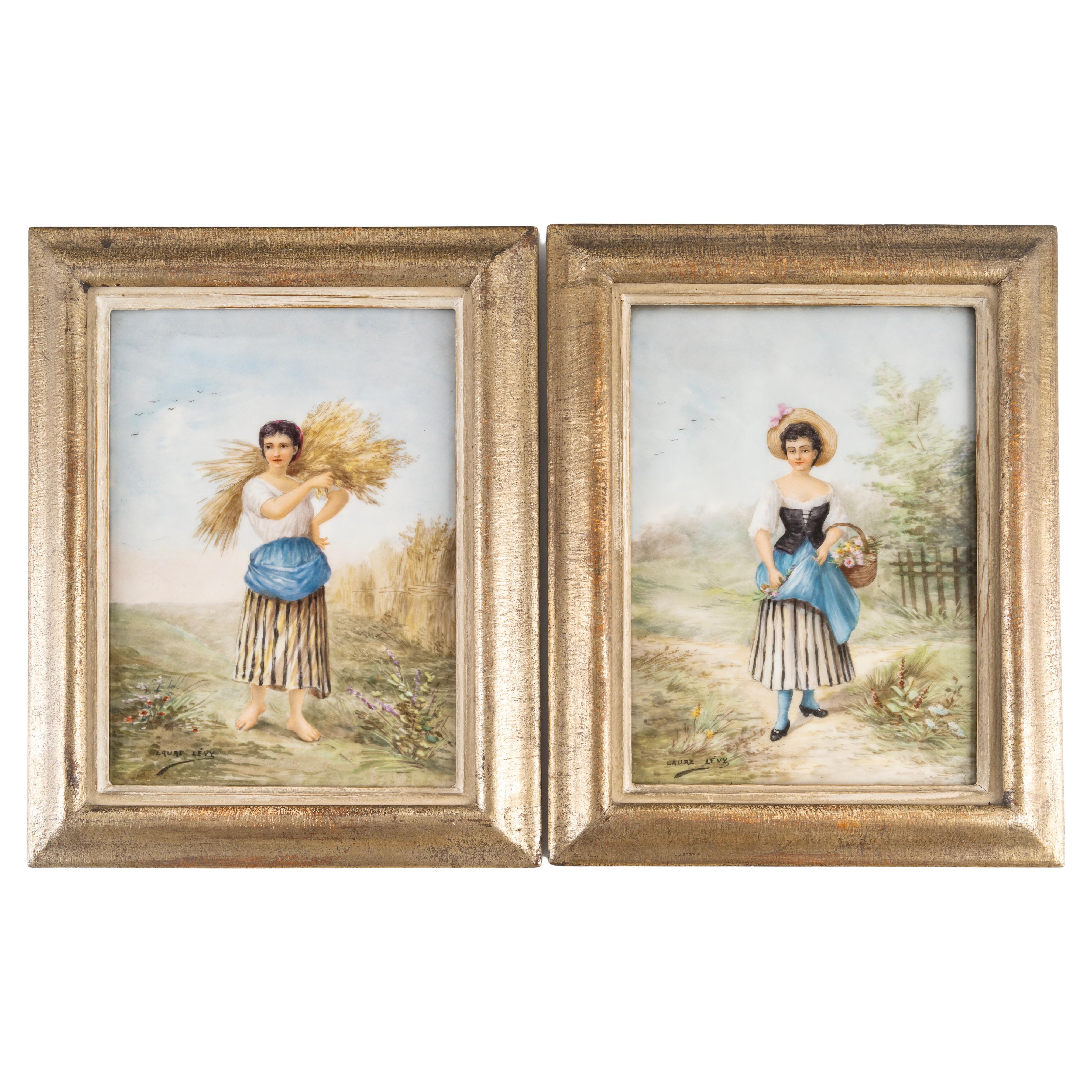 Paire de plaques en porcelaine Napoléon III peintes à la main, 19e siècle, France